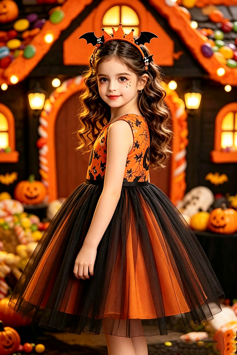 Girls Orange Printed Tulle Dress for Halloween