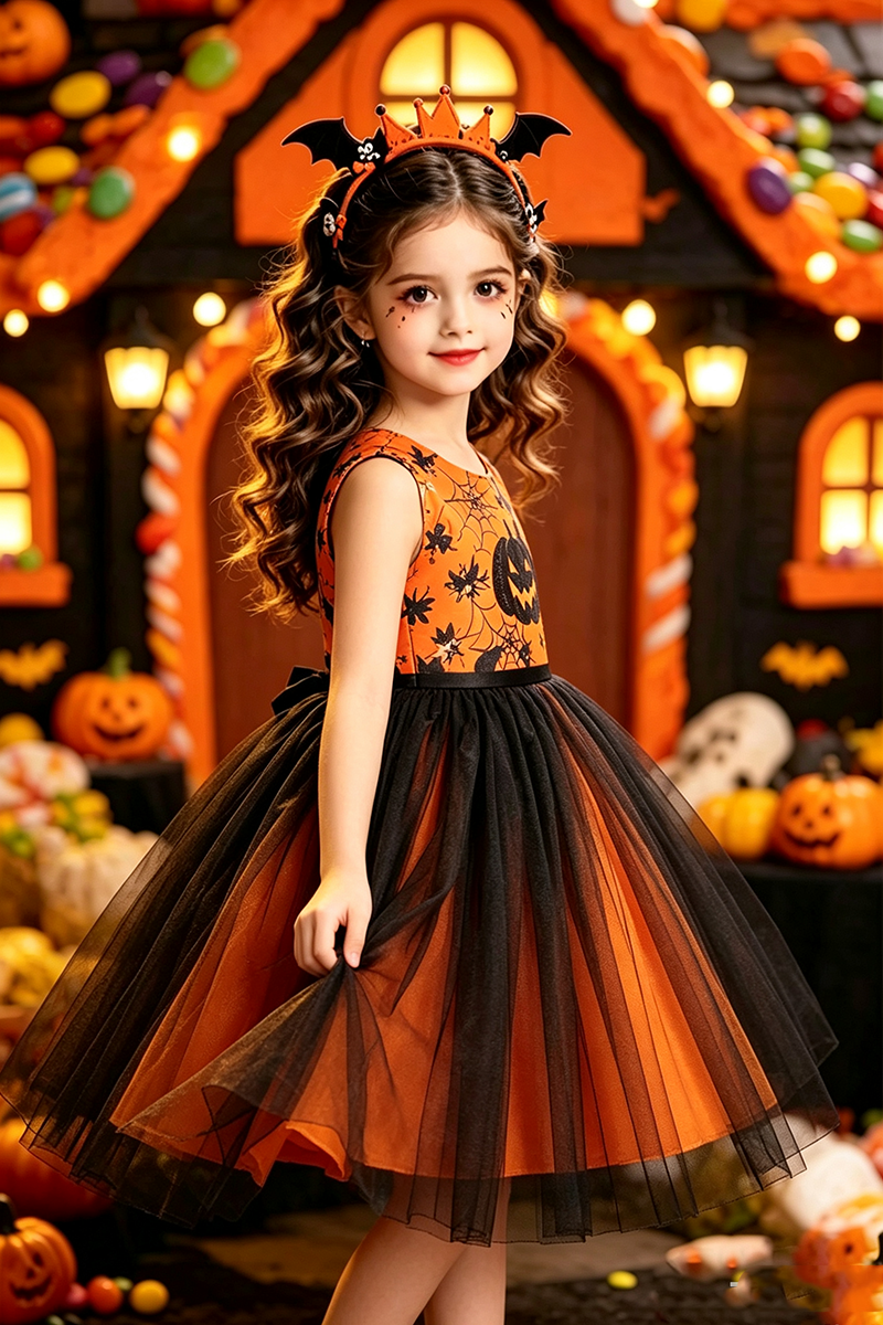 Girls Orange Printed Tulle Dress for Halloween
