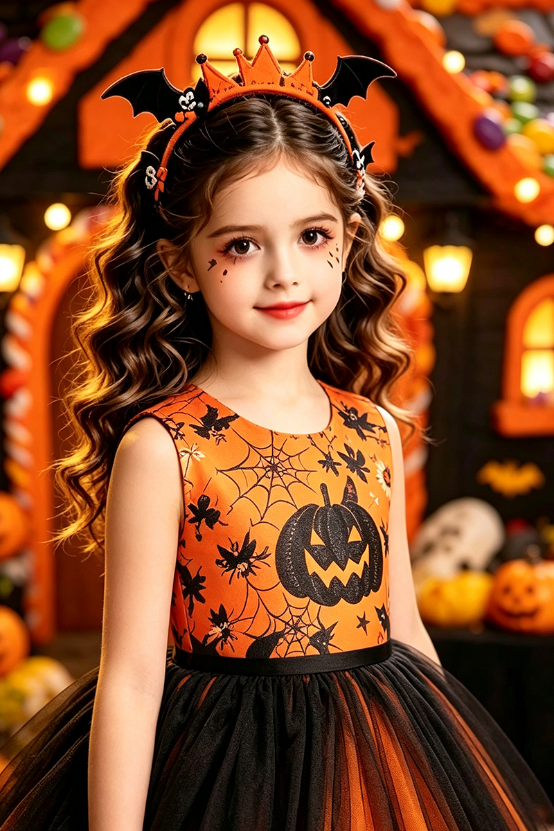 Girls Orange Printed Tulle Dress for Halloween