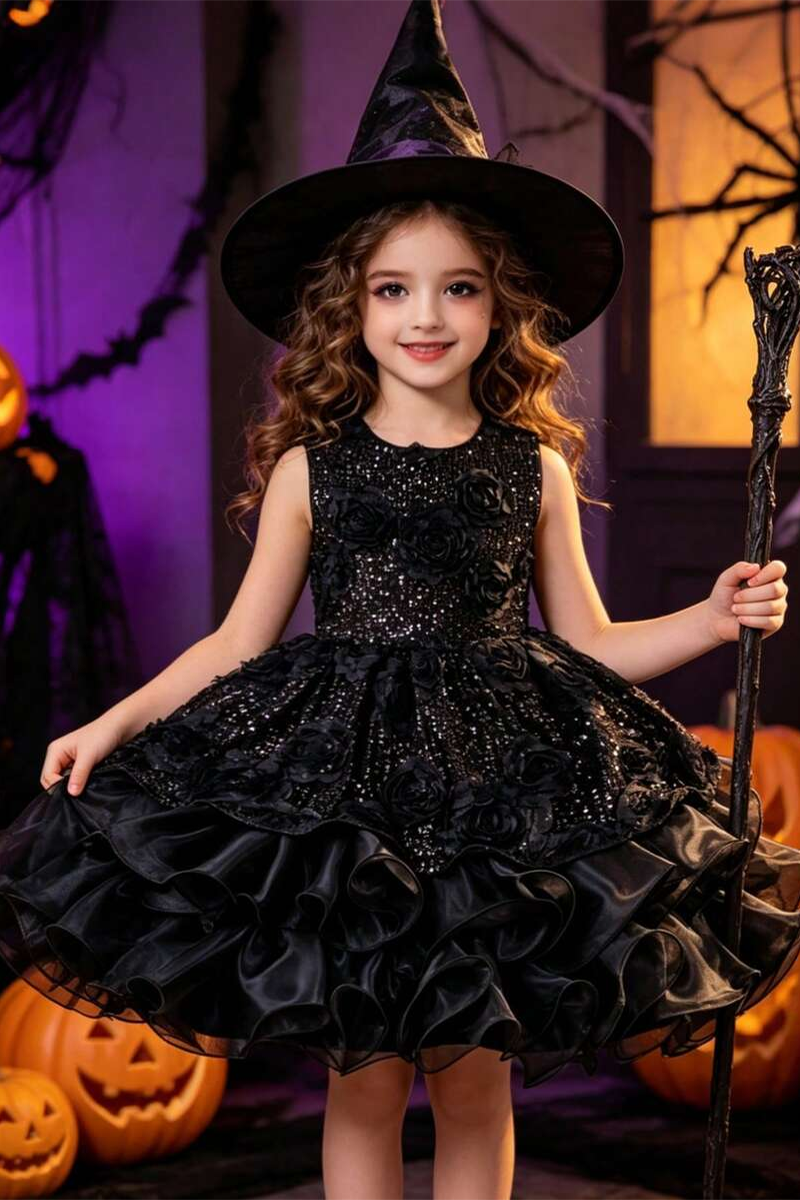 Girls Black Sequin Tulle Party Gown for Halloween