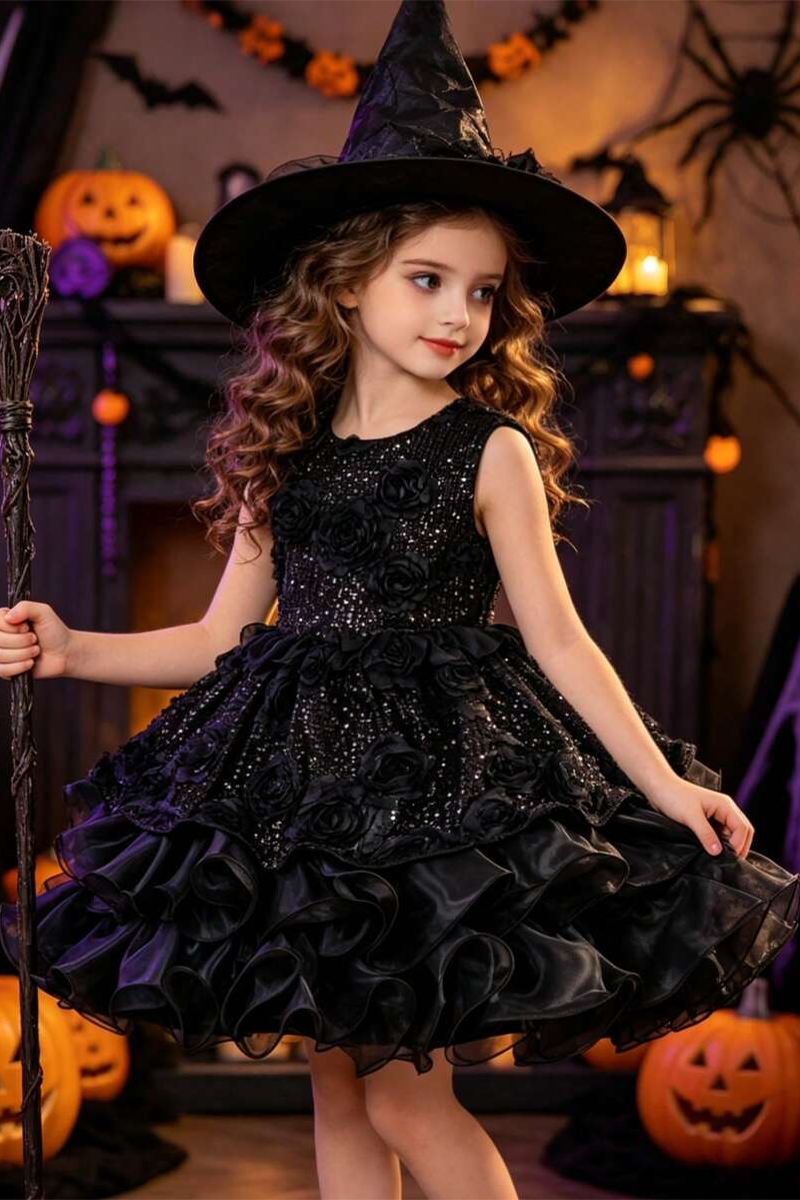 Girls Black Sequin Tulle Party Gown for Halloween