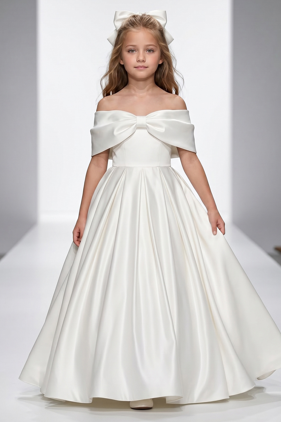 White Satin Off Shoulder Bow A-Line Flower Girl Dress
