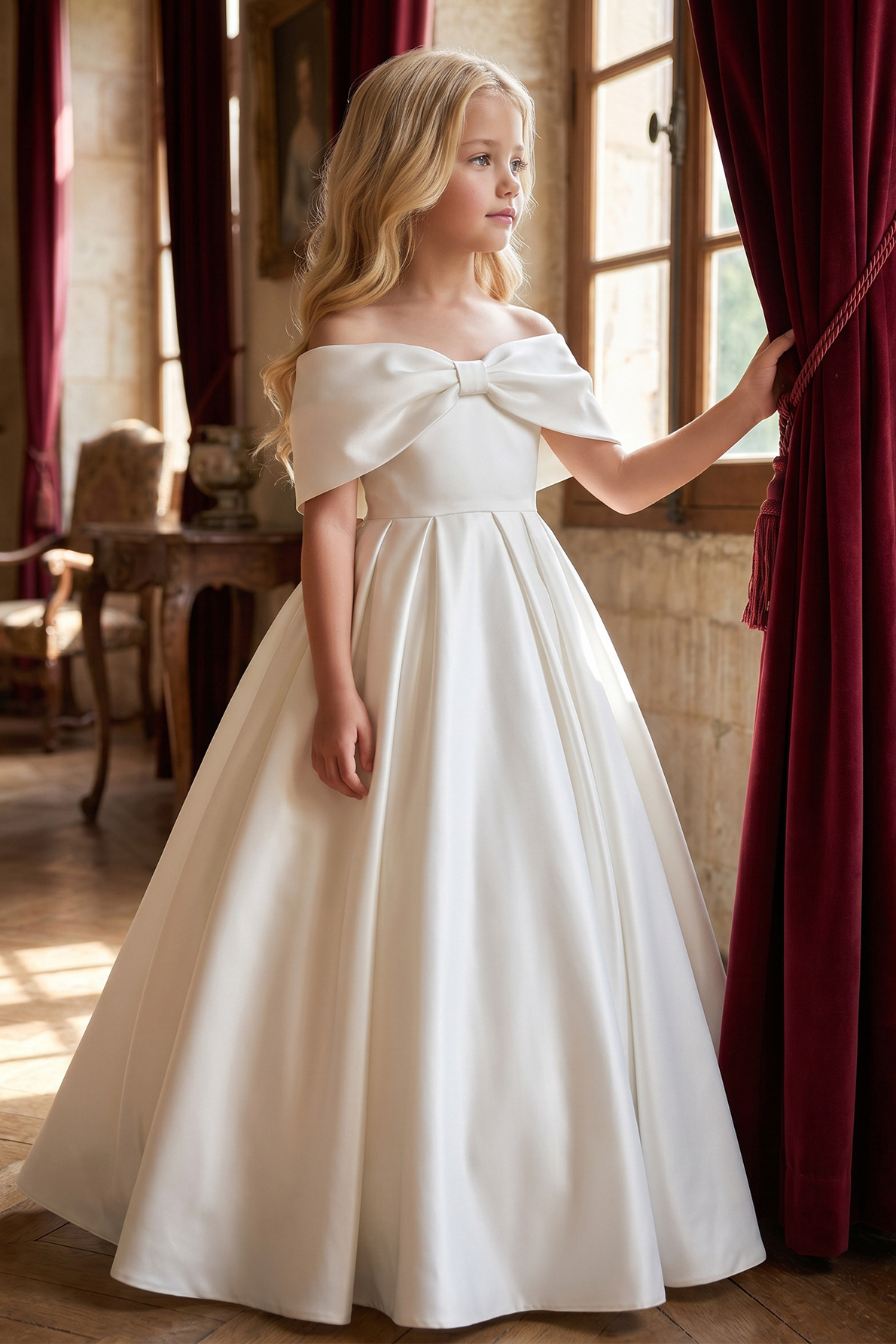 White Satin Off Shoulder Bow A-Line Flower Girl Dress