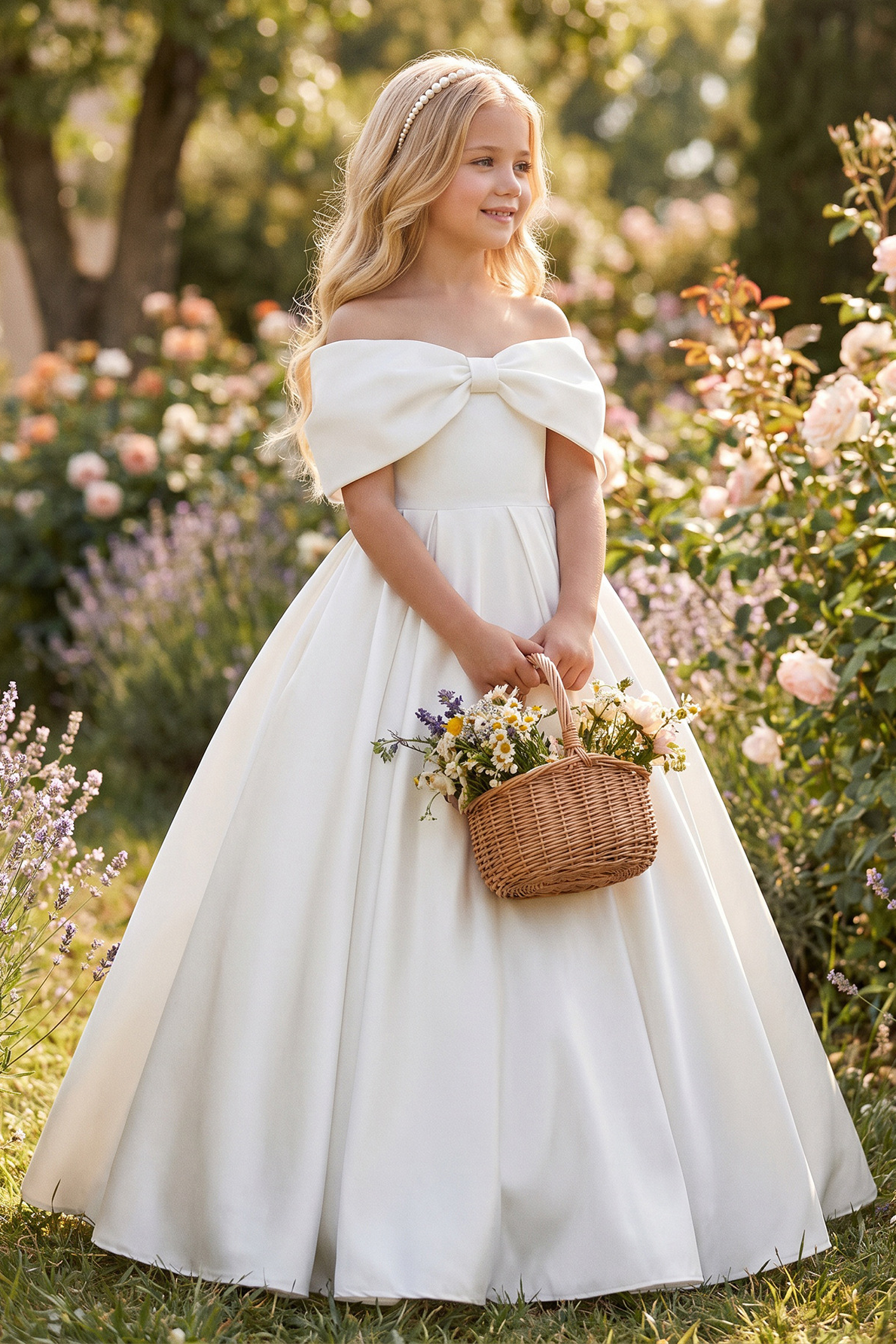 White Satin Off Shoulder Bow A-Line Flower Girl Dress