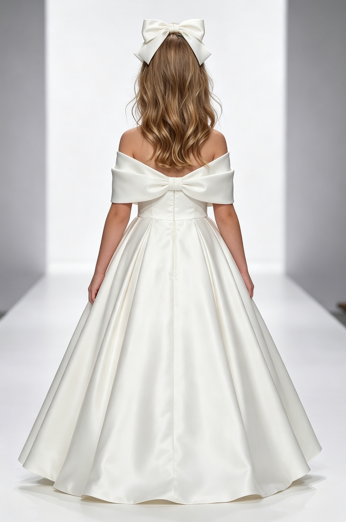 White Satin Off Shoulder Bow A-Line Flower Girl Dress