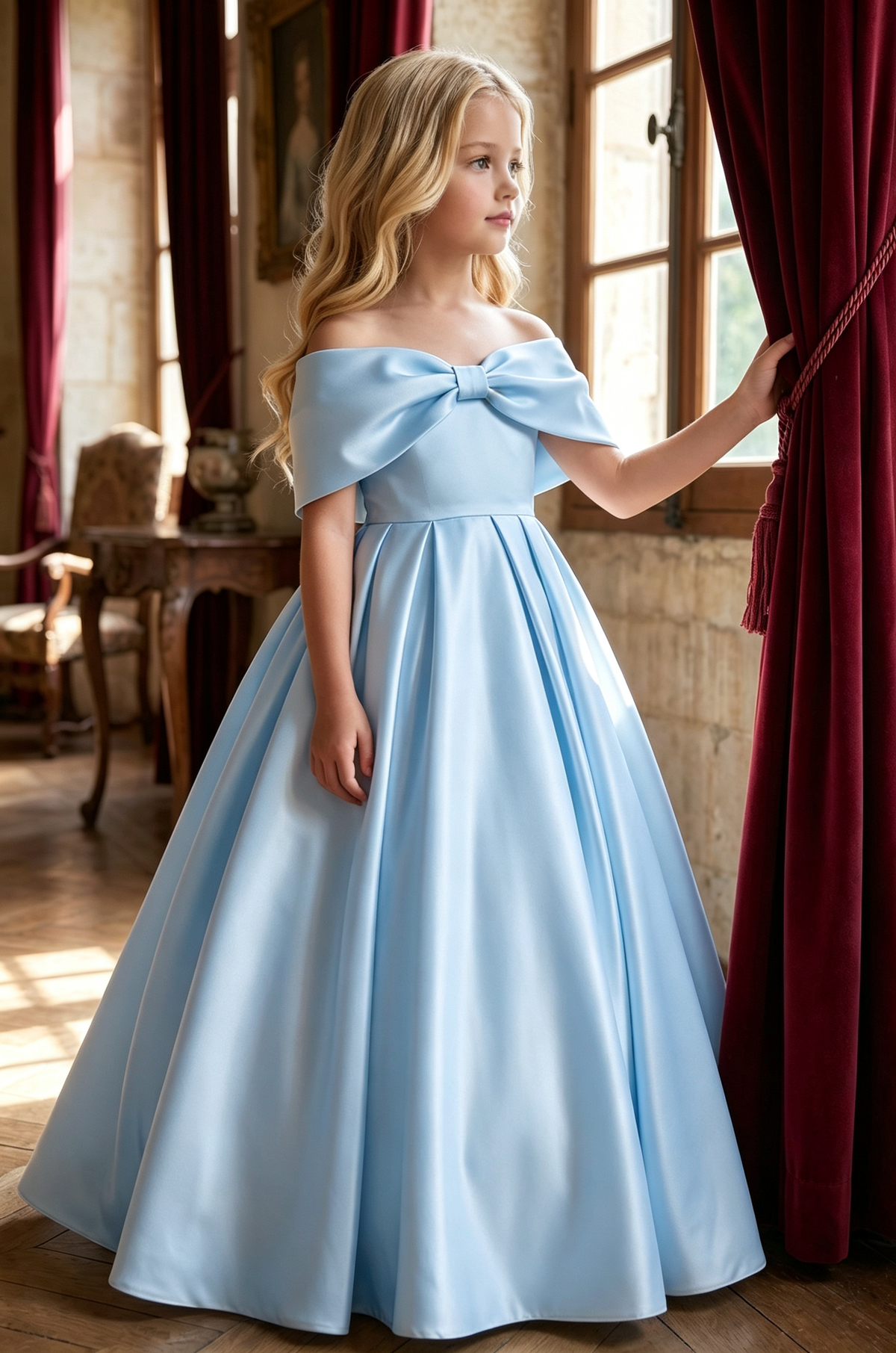 White Satin Off Shoulder Bow A-Line Flower Girl Dress