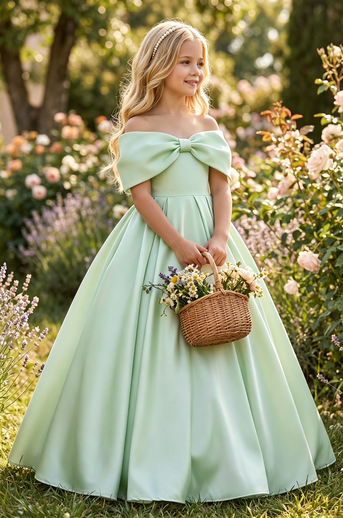 White Satin Off Shoulder Bow A-Line Flower Girl Dress