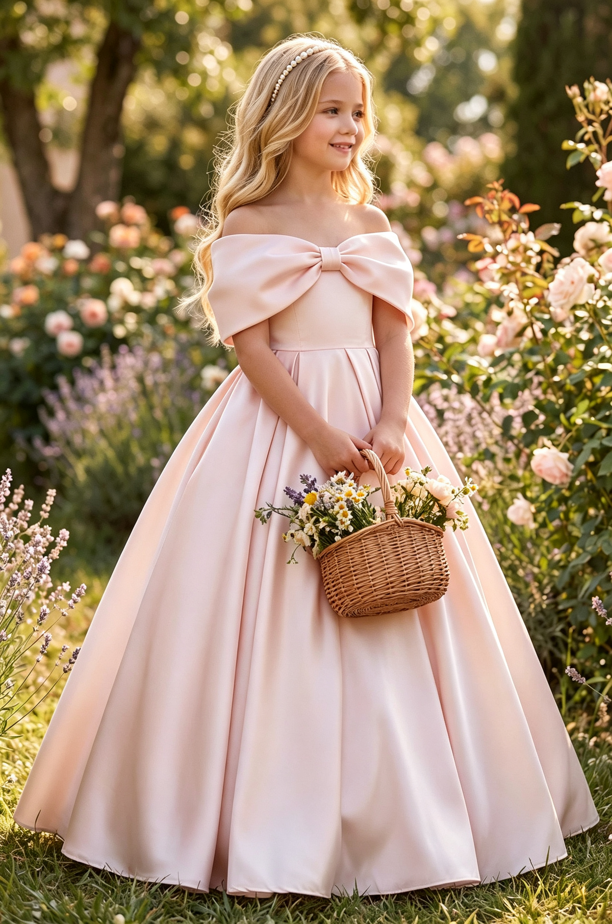 White Satin Off Shoulder Bow A-Line Flower Girl Dress