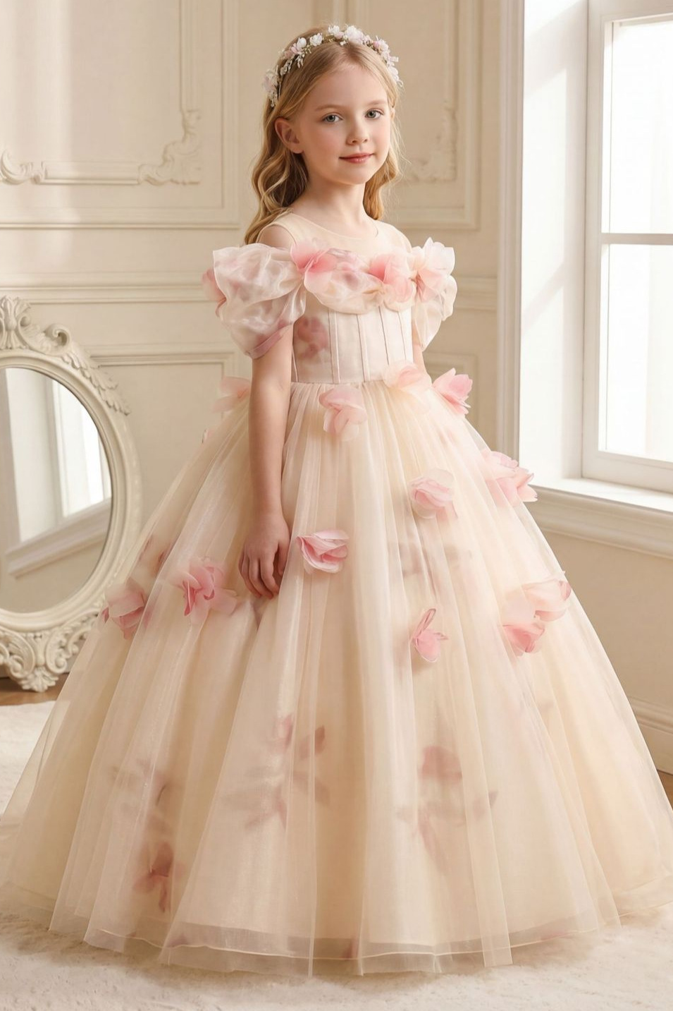 Cream Tulle Off Shoulder 3D Floral A-Line Flower Girl Dress