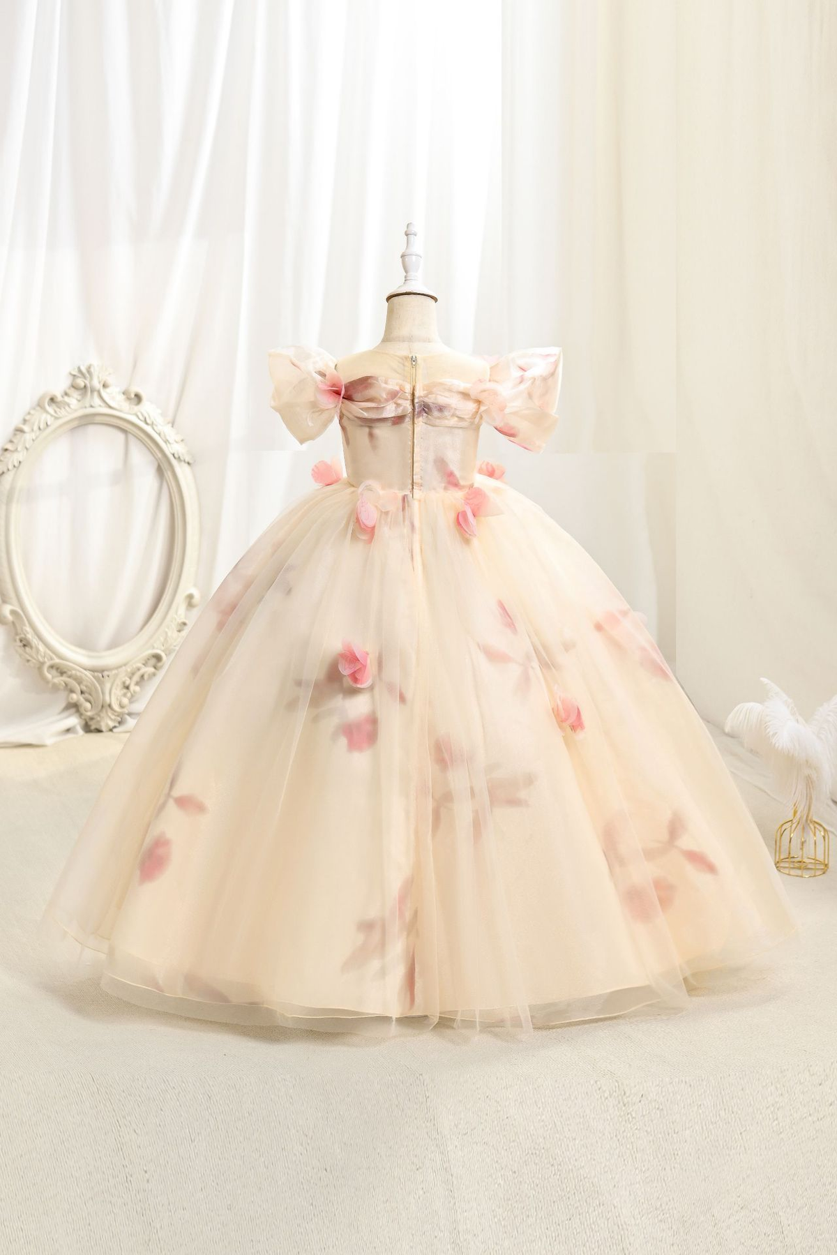 Cream Tulle Off Shoulder 3D Floral A-Line Flower Girl Dress