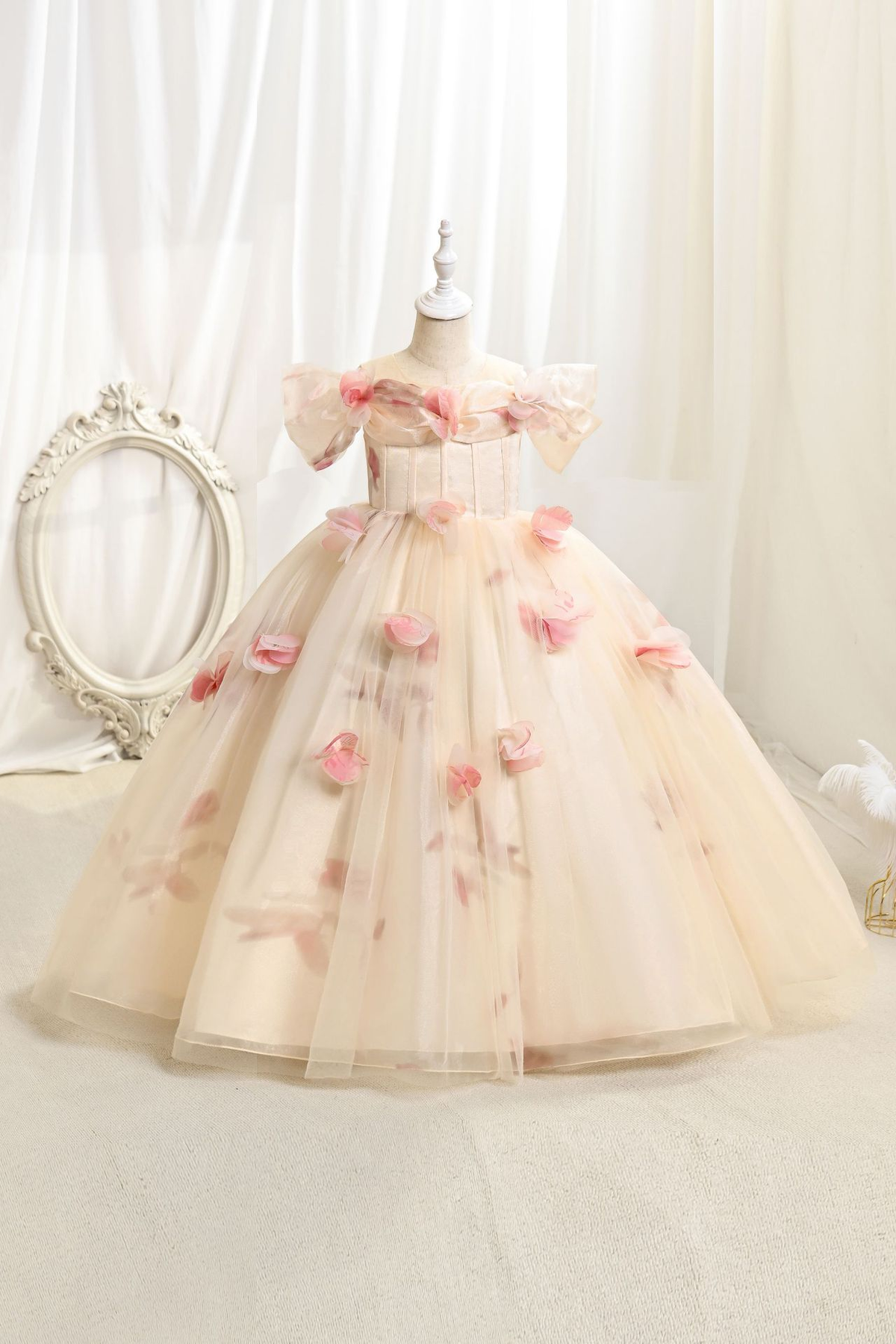 Cream Tulle Off Shoulder 3D Floral A-Line Flower Girl Dress