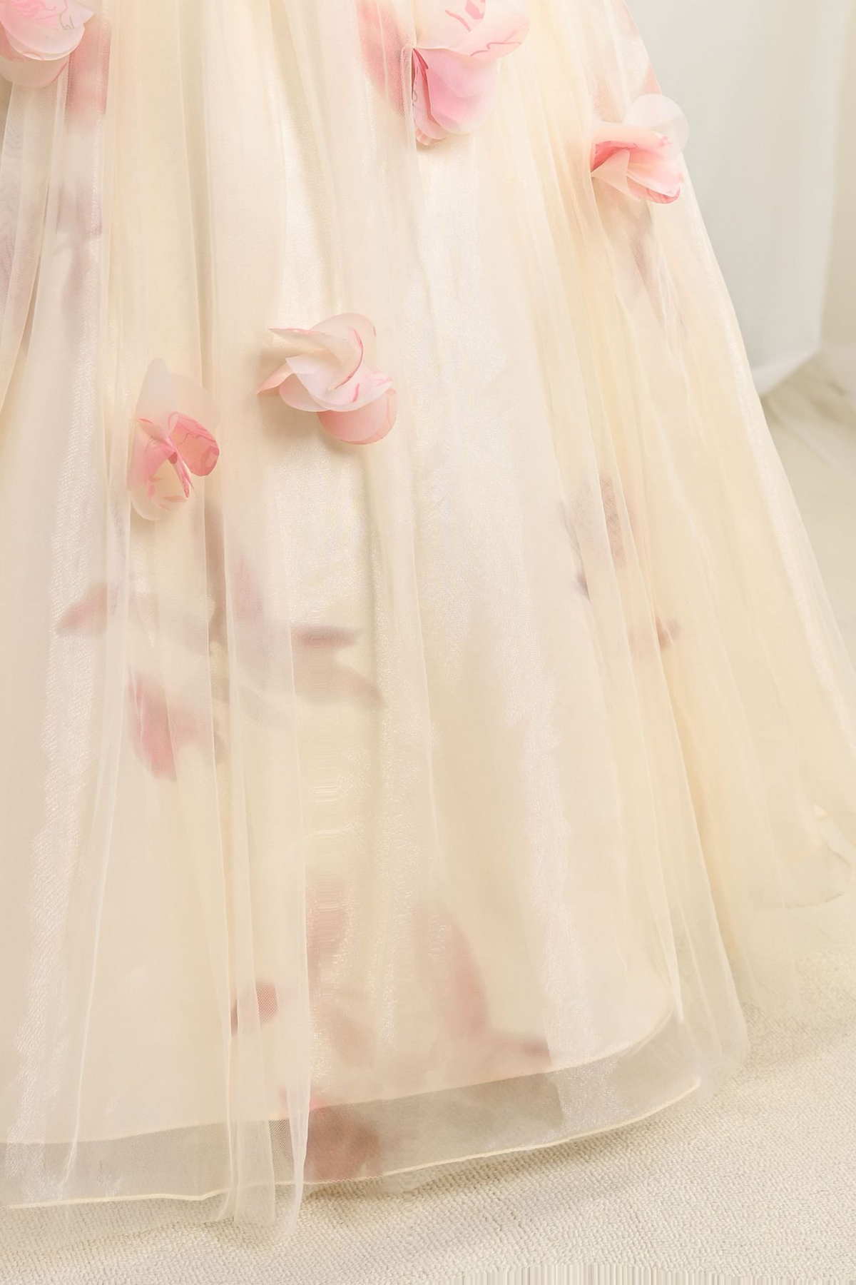 Cream Tulle Off Shoulder 3D Floral A-Line Flower Girl Dress