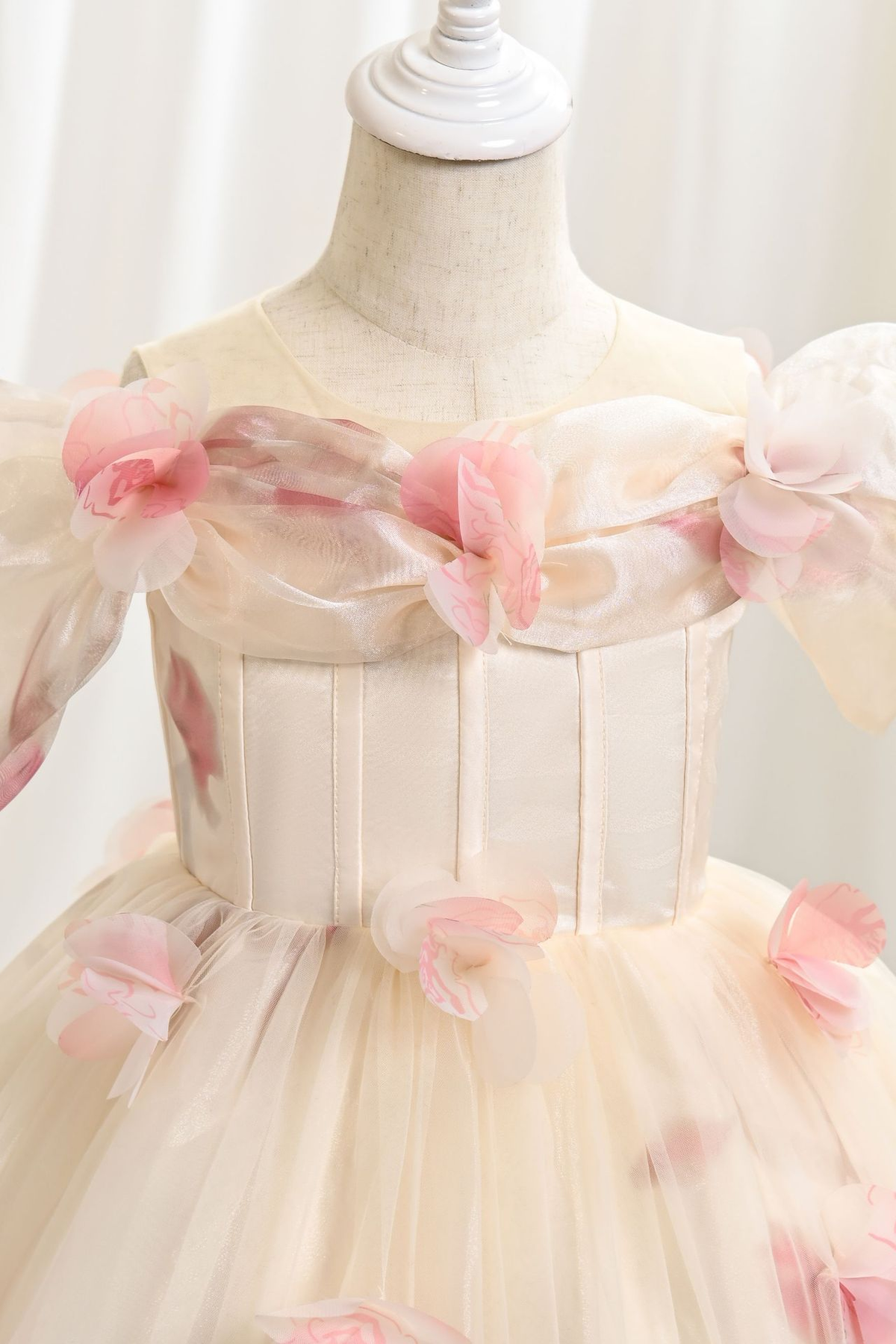 Cream Tulle Off Shoulder 3D Floral A-Line Flower Girl Dress