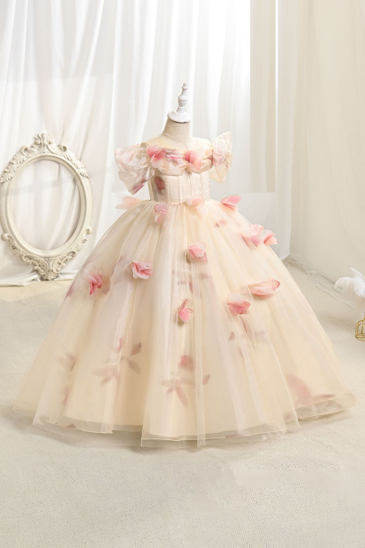 Cream Tulle Off Shoulder 3D Floral A-Line Flower Girl Dress