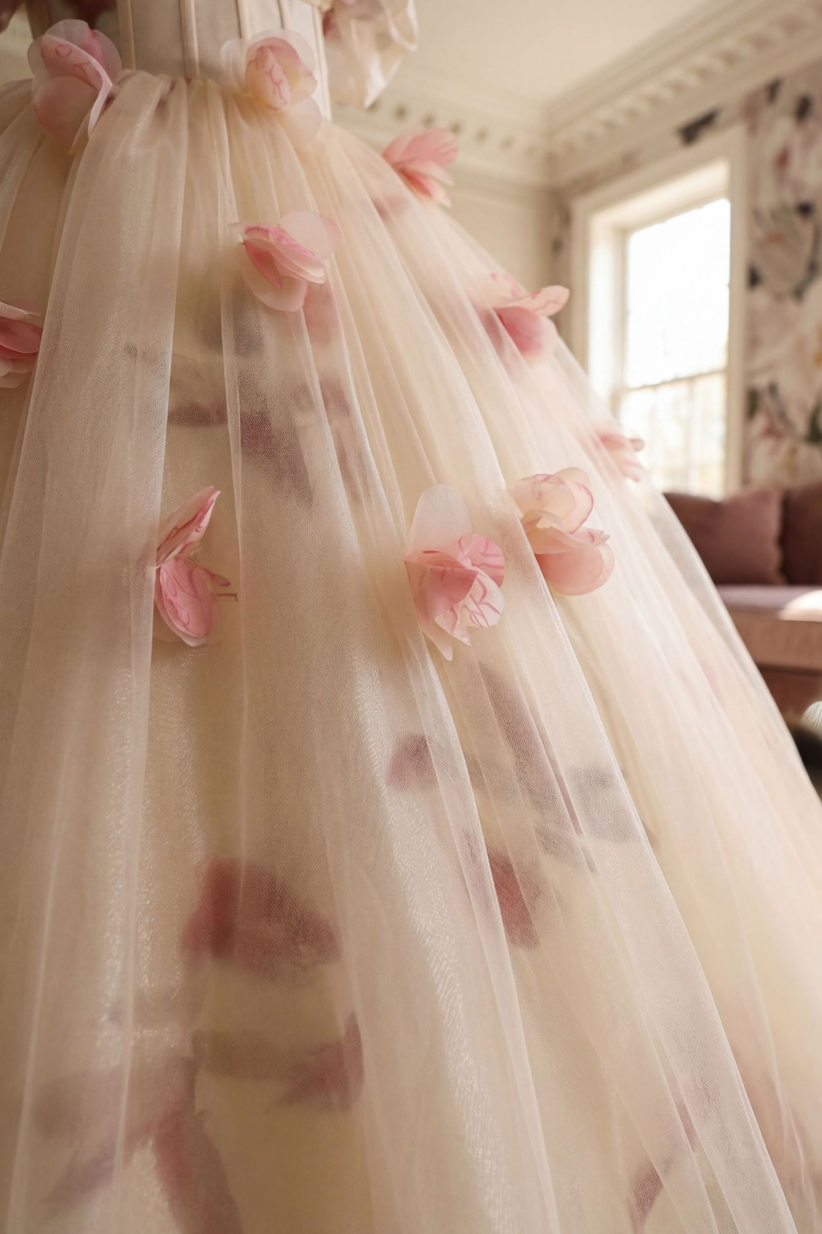 Cream Tulle Off Shoulder 3D Floral A-Line Flower Girl Dress