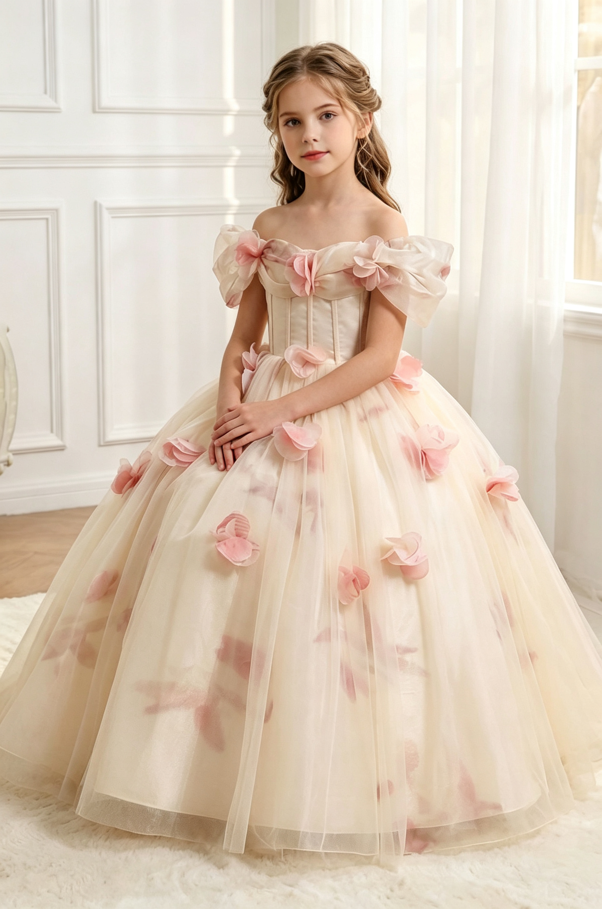Cream Tulle Off Shoulder 3D Floral A-Line Flower Girl Dress