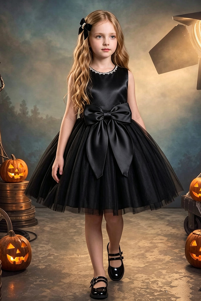 Girls Black Satin Tulle Party Dress for Halloween