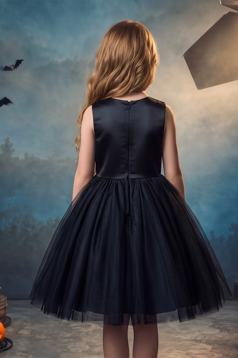 Girls Black Satin Tulle Party Dress for Halloween
