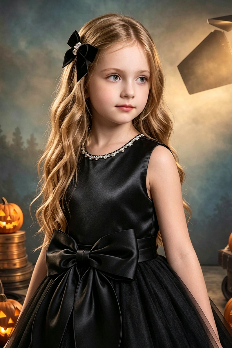 Girls Black Satin Tulle Party Dress for Halloween