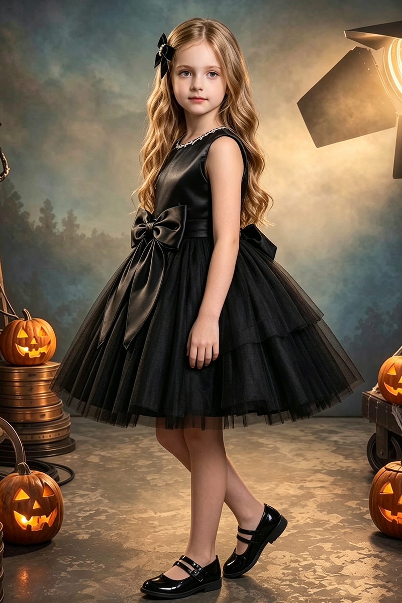 Girls Black Satin Tulle Party Dress for Halloween