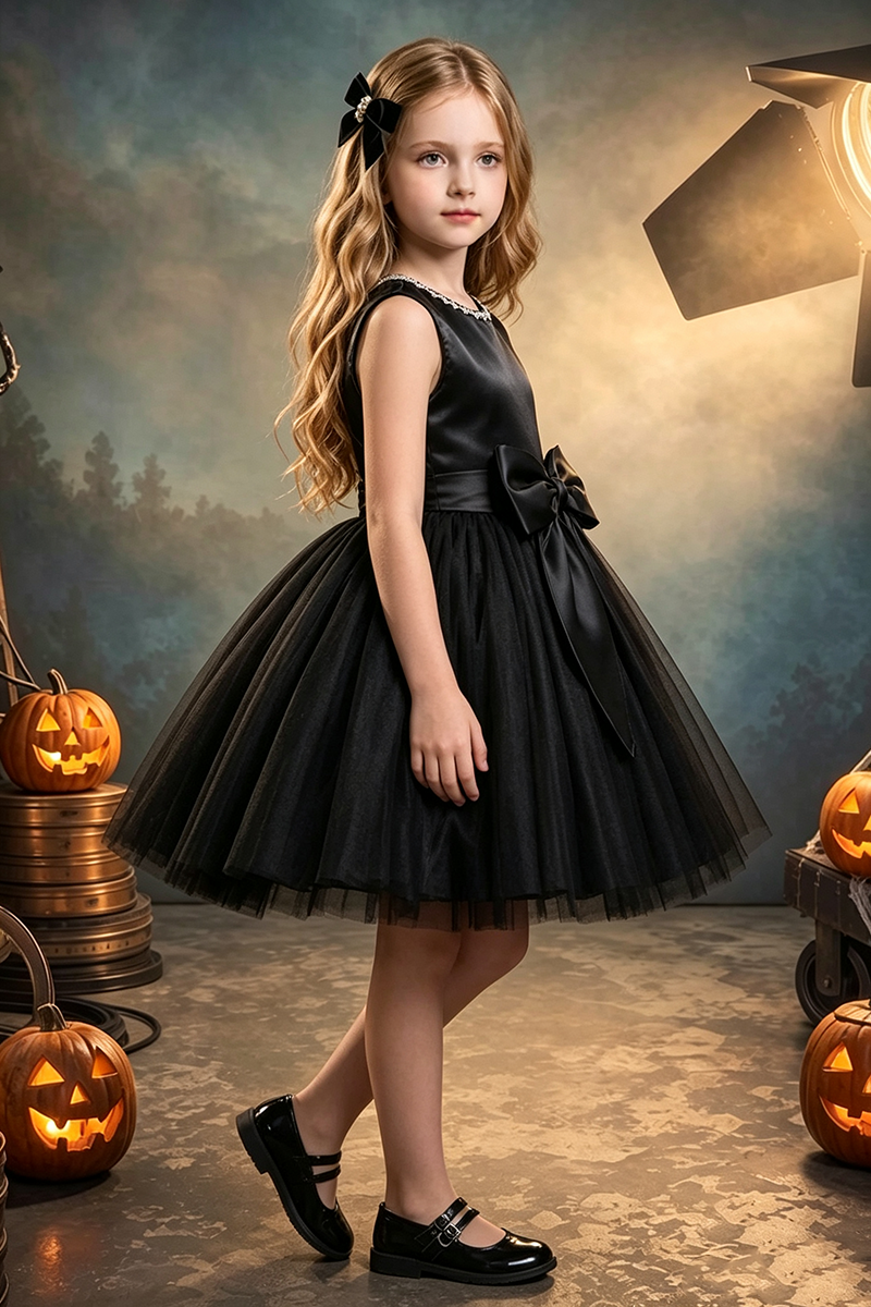 Girls Black Satin Tulle Party Dress for Halloween