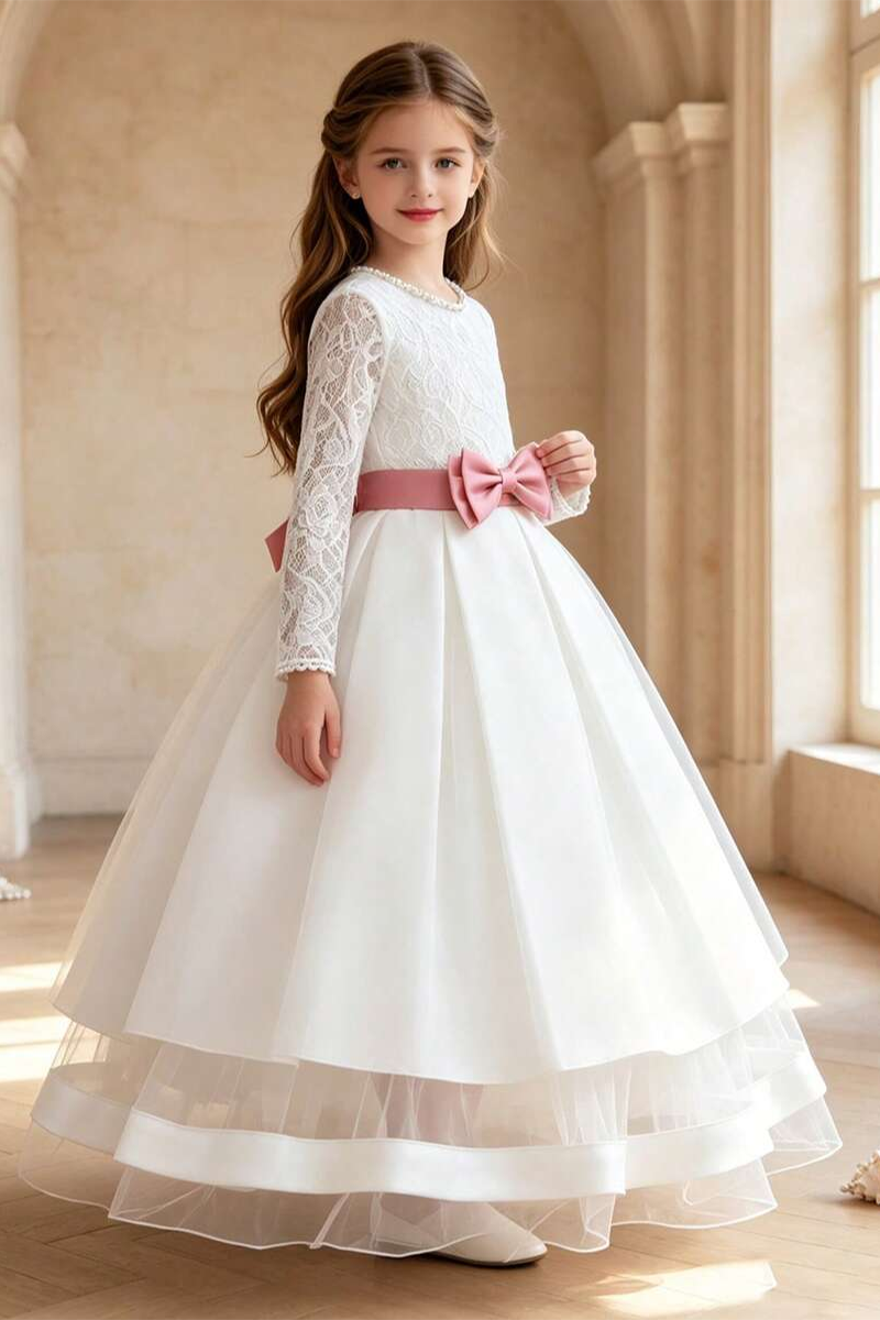 Girls White Lace Long Sleeve Gown for Weddings