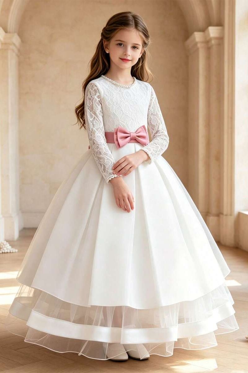Girls White Lace Long Sleeve Gown for Weddings