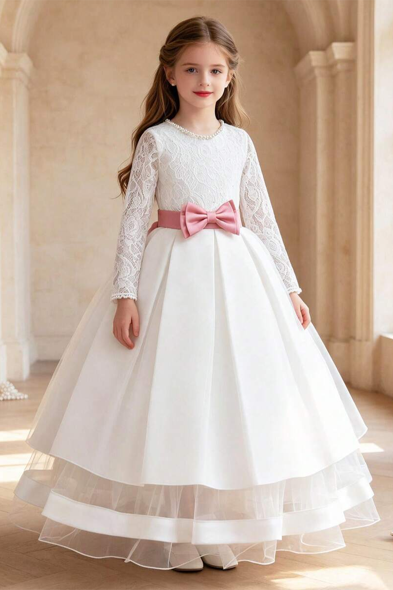 Girls White Lace Long Sleeve Gown for Weddings