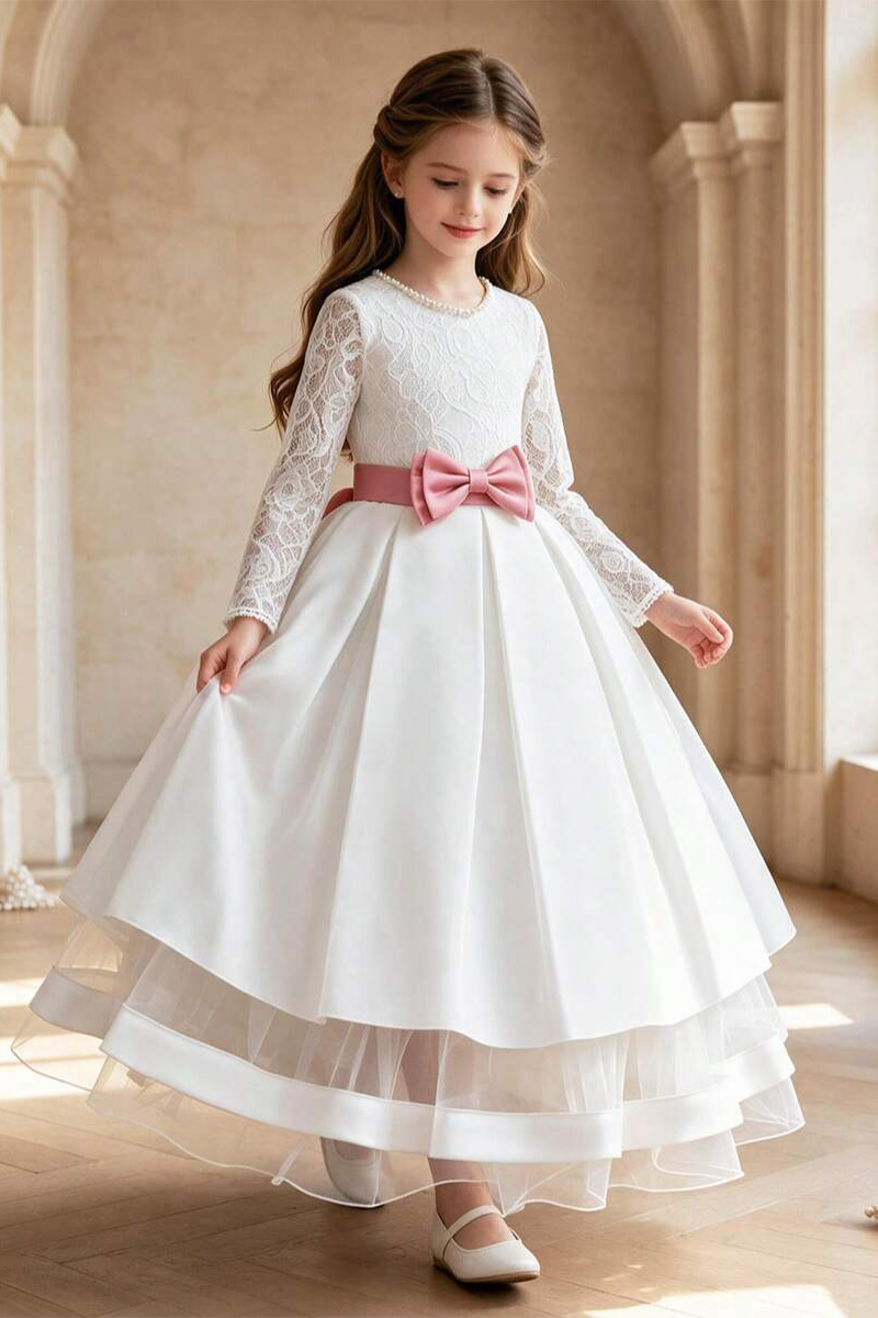Girls White Lace Long Sleeve Gown for Weddings