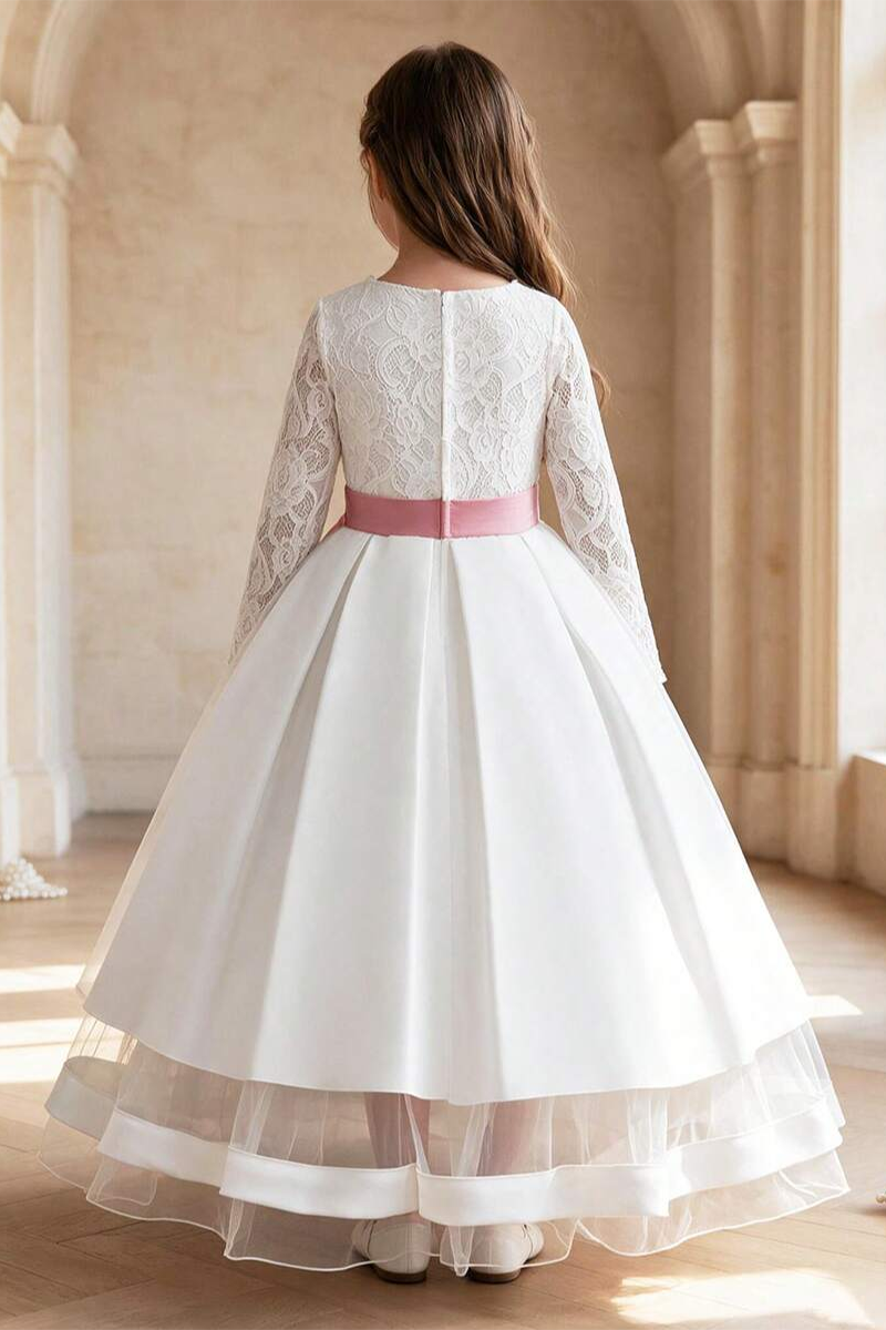 Girls White Lace Long Sleeve Gown for Weddings