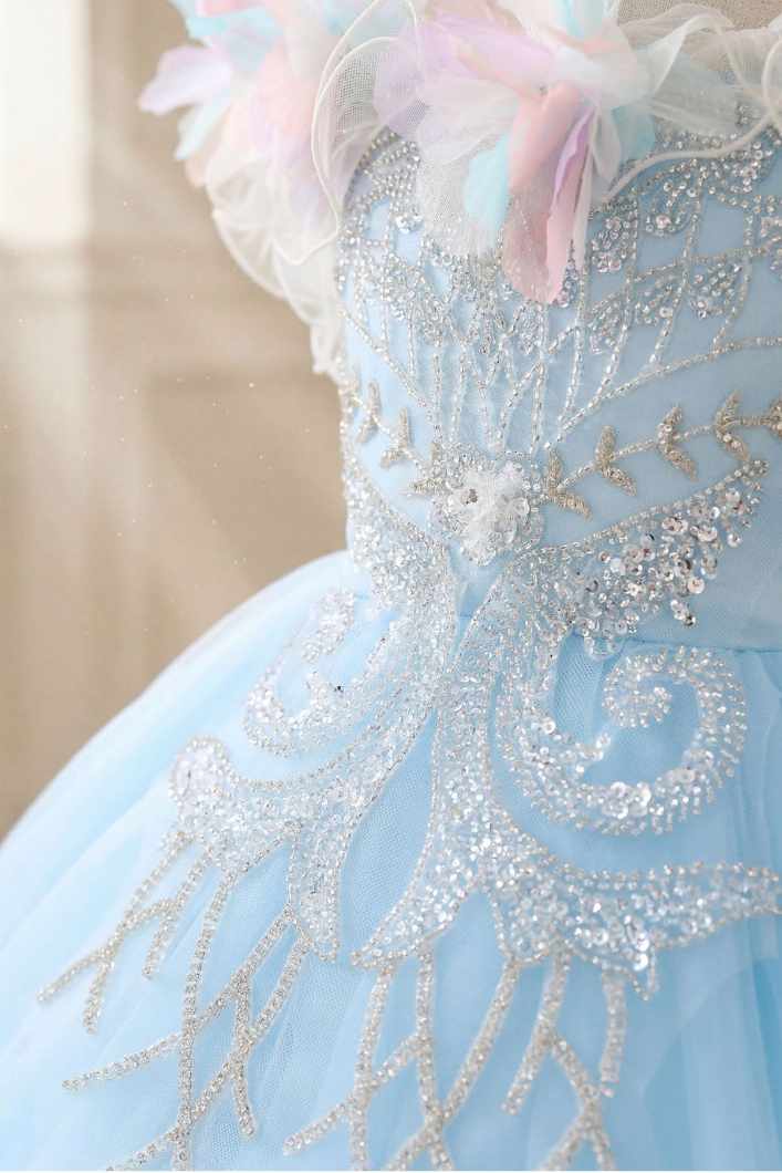 Light Blue Tulle 3D Flower Sequin Embroidery A-Line Flower Girl Dress