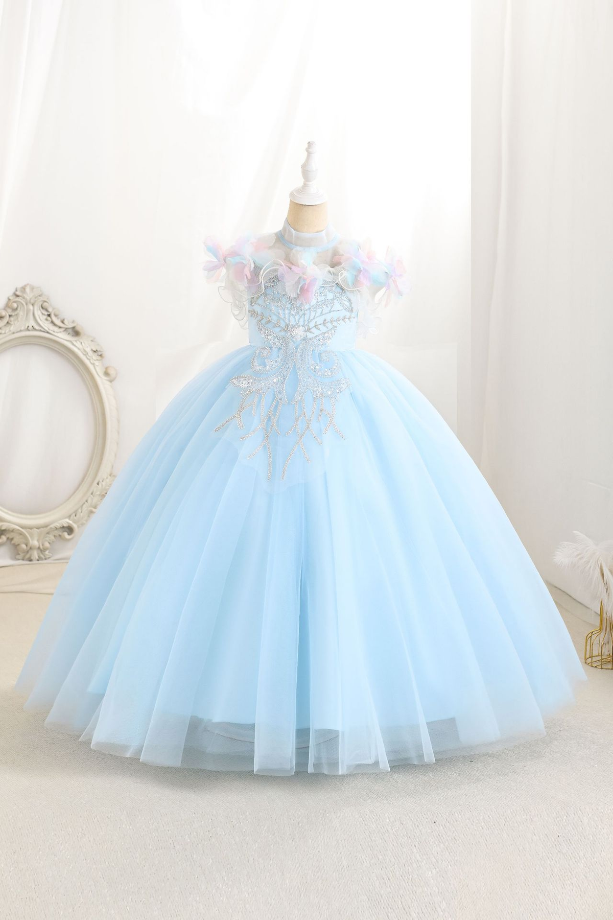 Light Blue Tulle 3D Flower Sequin Embroidery A-Line Flower Girl Dress
