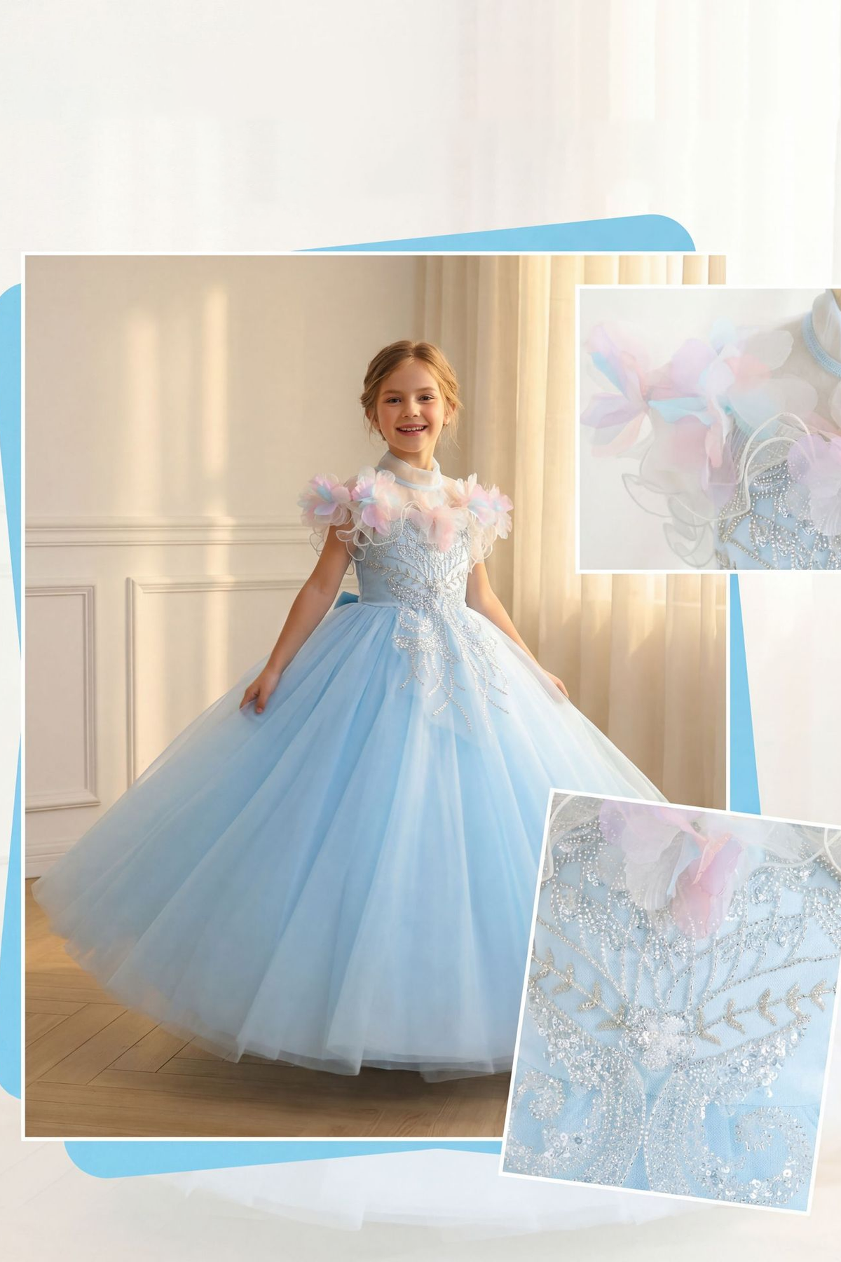 Light Blue Tulle 3D Flower Sequin Embroidery A-Line Flower Girl Dress