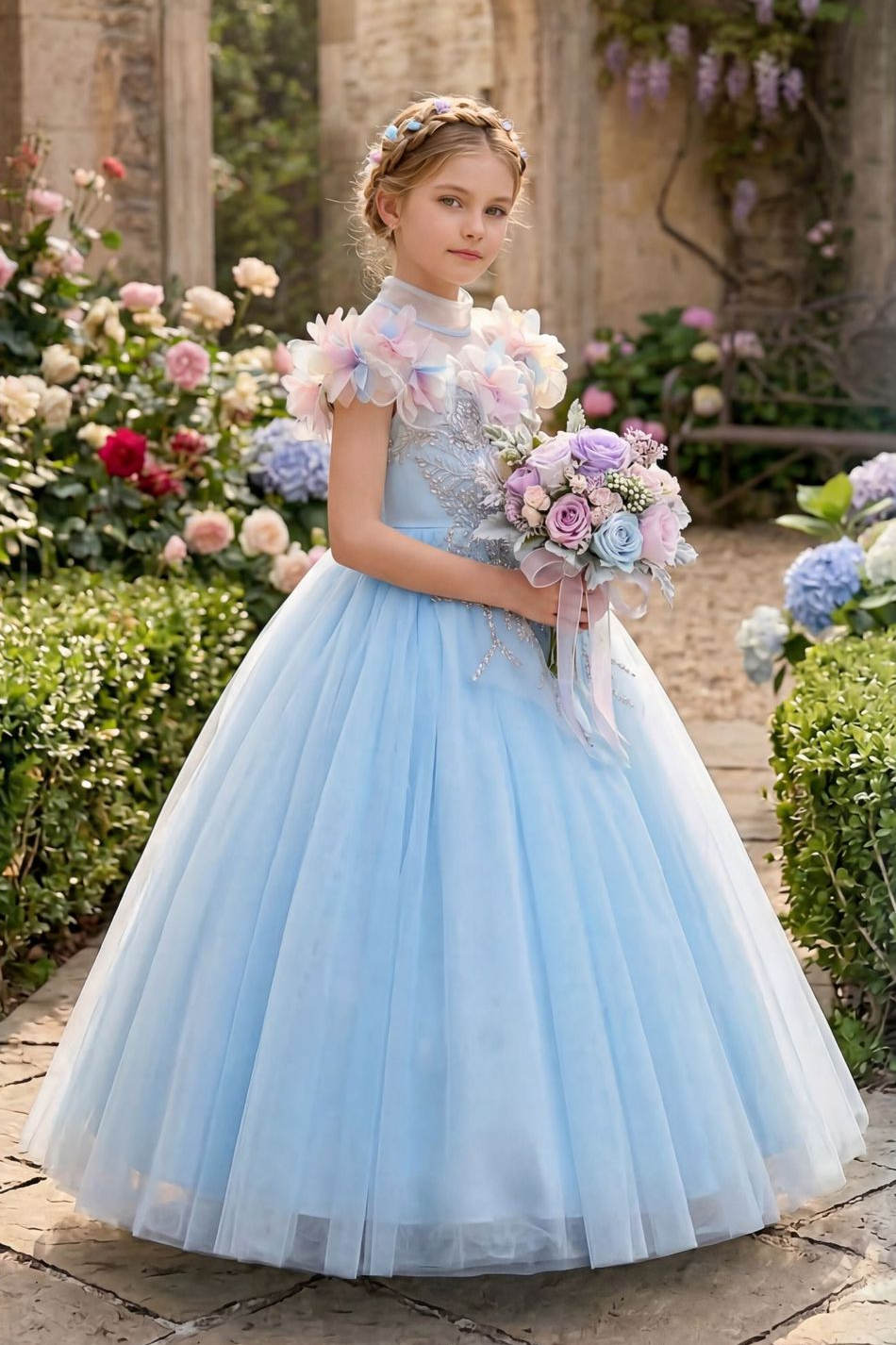 Light Blue Tulle 3D Flower Sequin Embroidery A-Line Flower Girl Dress