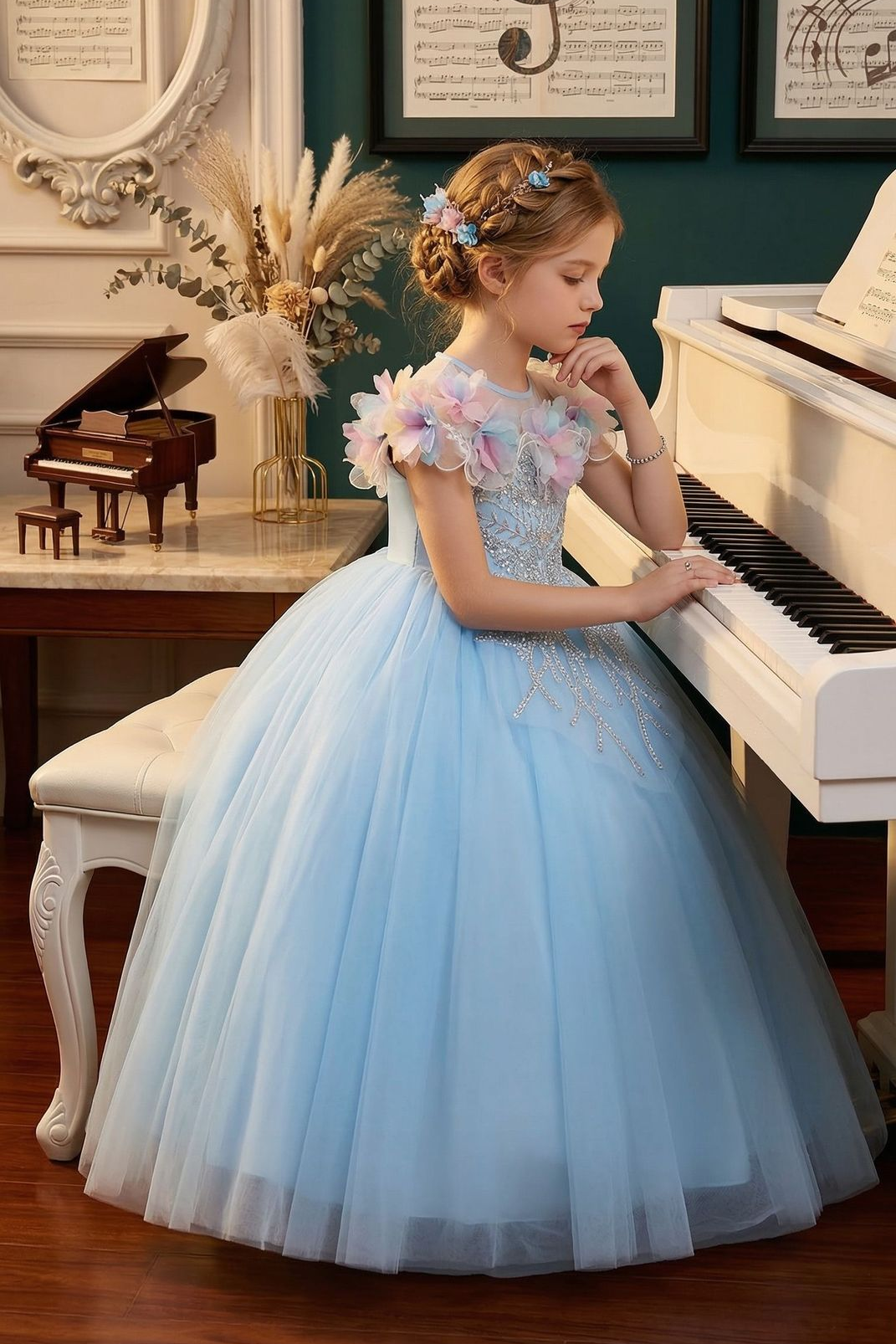 Light Blue Tulle 3D Flower Sequin Embroidery A-Line Flower Girl Dress