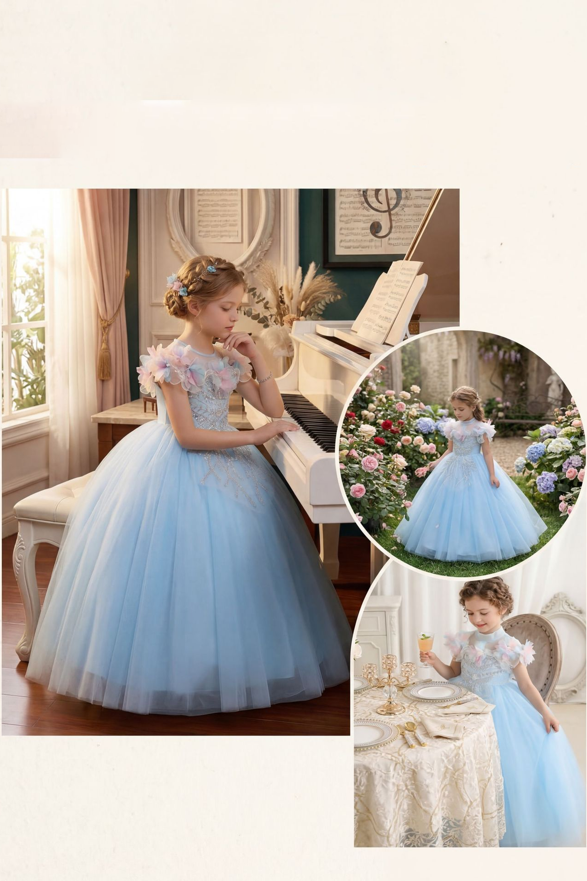 Light Blue Tulle 3D Flower Sequin Embroidery A-Line Flower Girl Dress