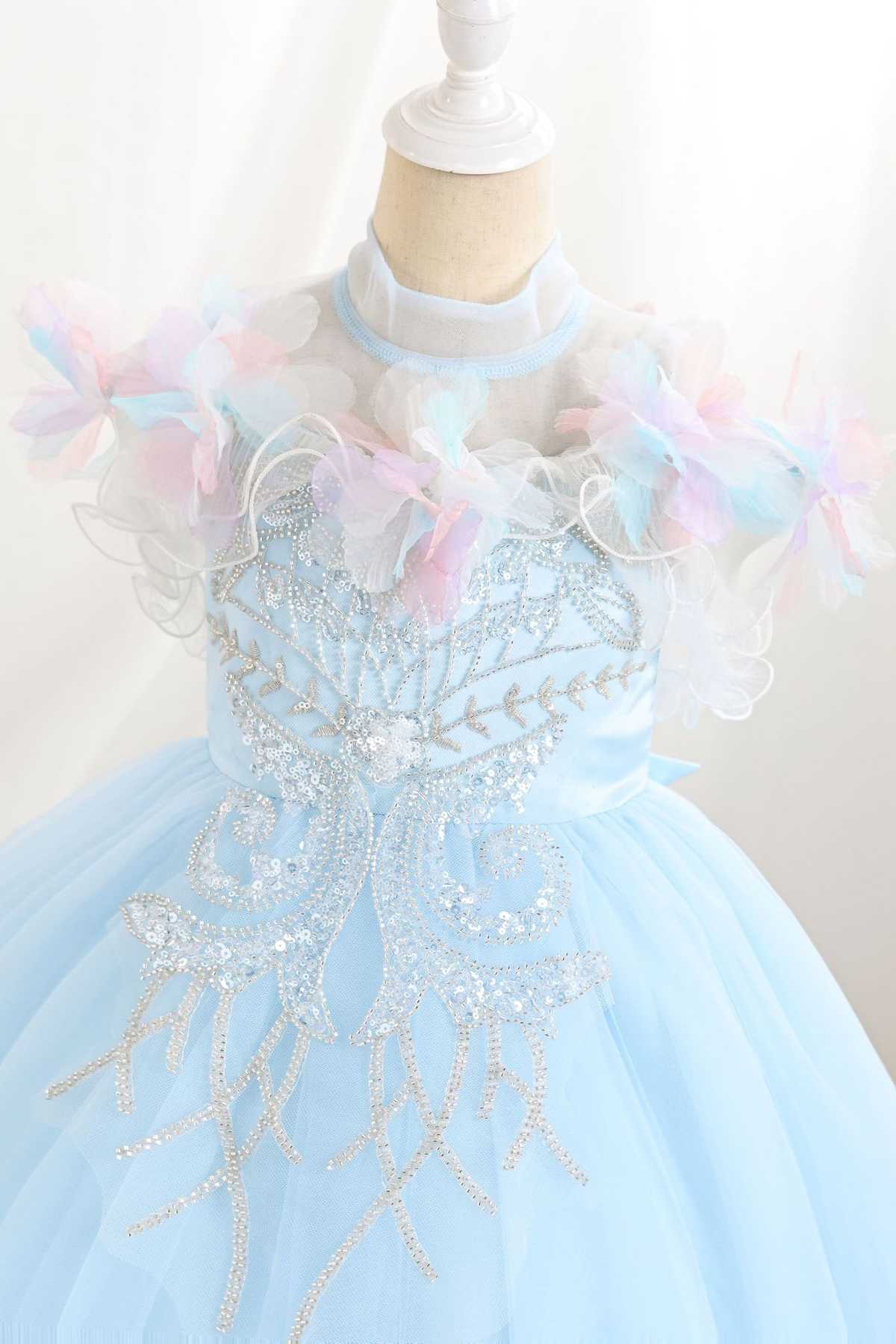 Light Blue Tulle 3D Flower Sequin Embroidery A-Line Flower Girl Dress
