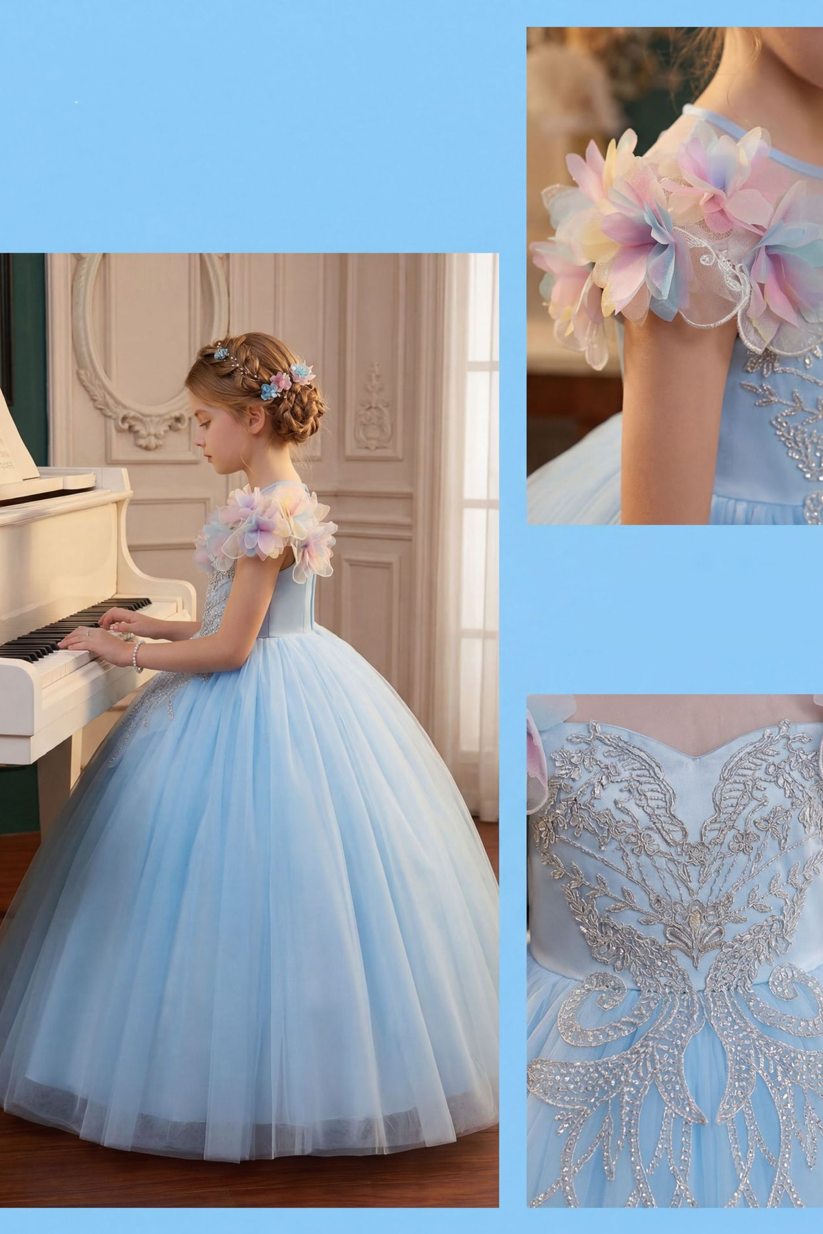 Light Blue Tulle 3D Flower Sequin Embroidery A-Line Flower Girl Dress