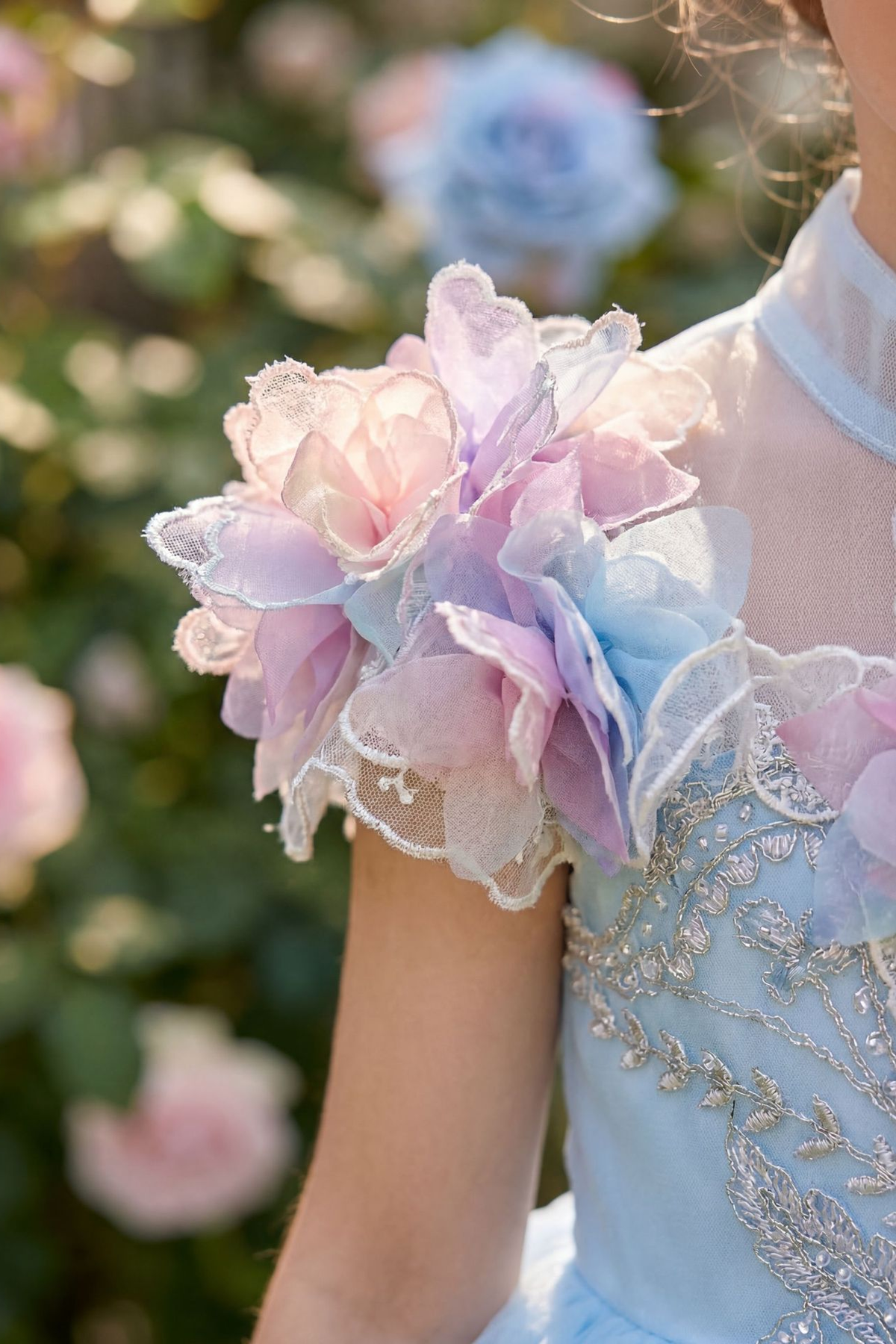 Light Blue Tulle 3D Flower Sequin Embroidery A-Line Flower Girl Dress