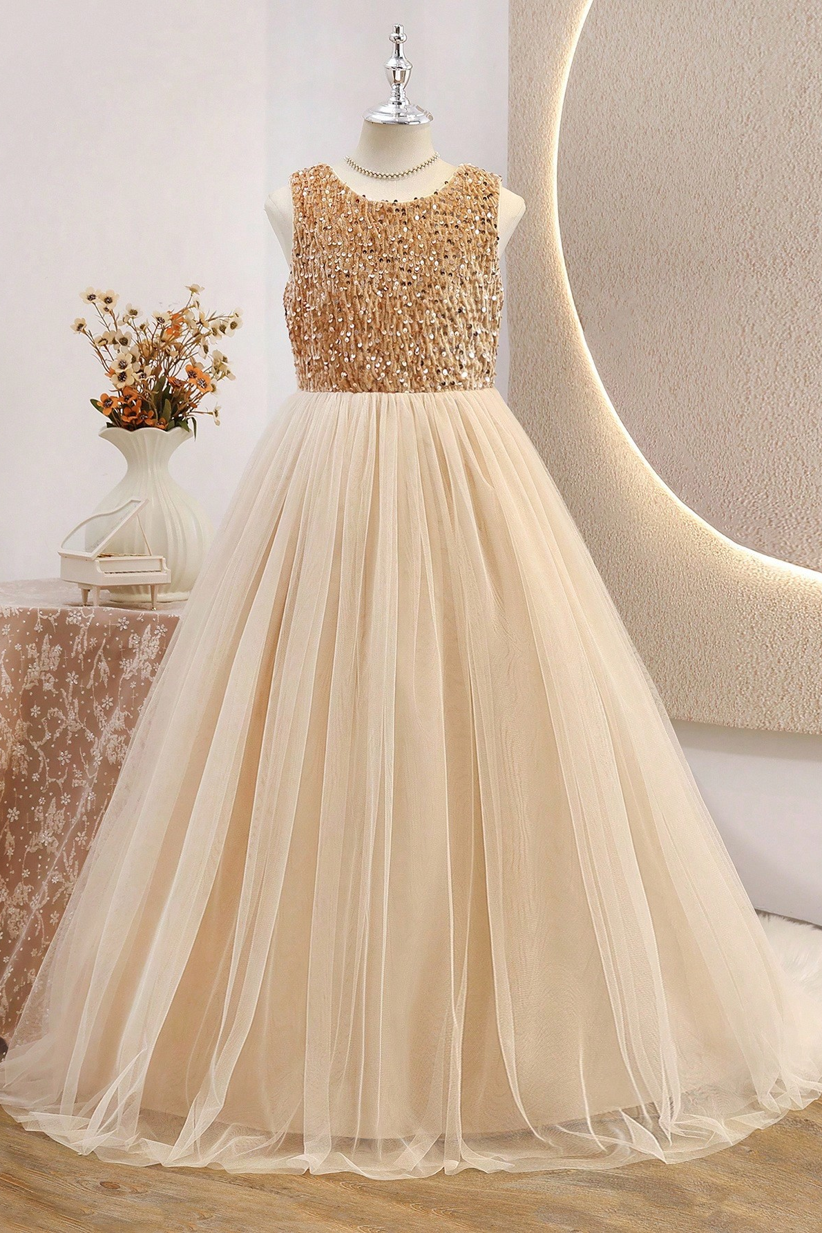 Champagne Sequin Velvet Tulle A-Line Flower Girl Dress