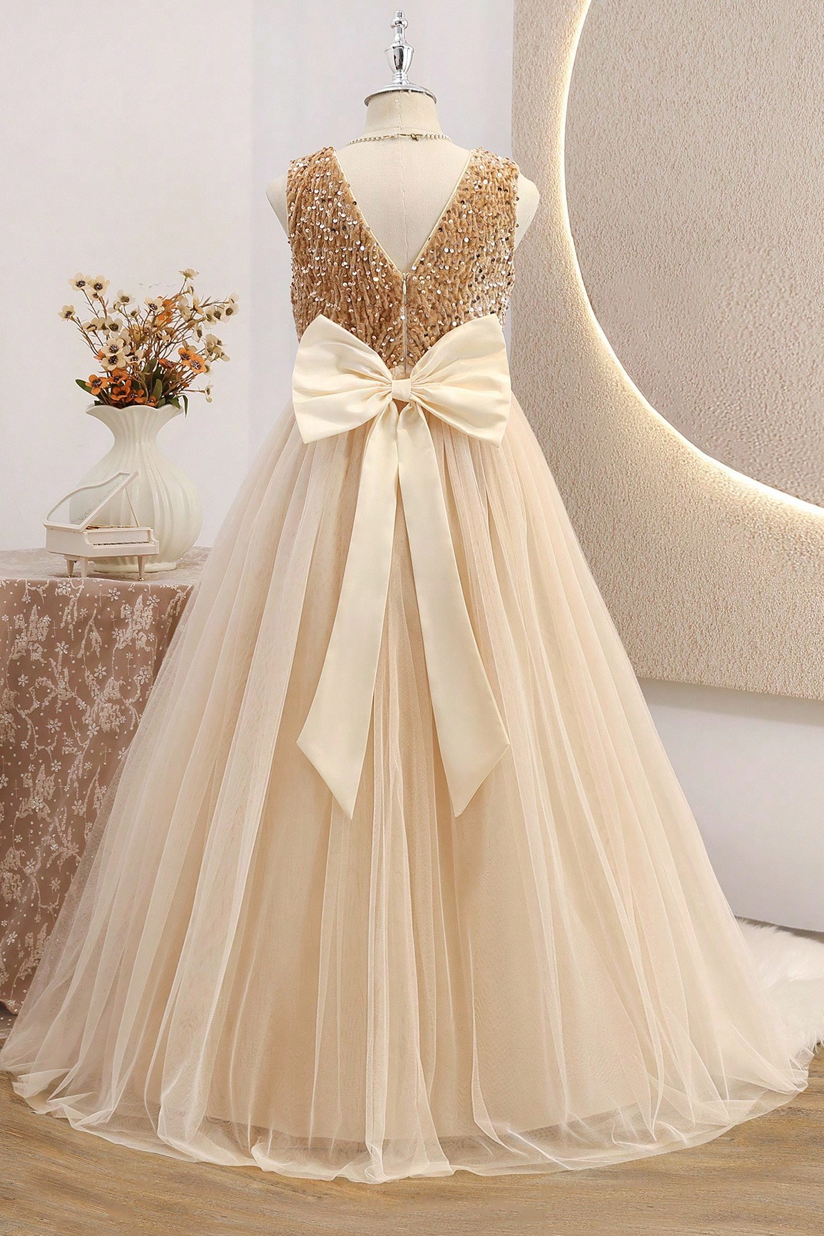 Champagne Sequin Velvet Tulle A-Line Flower Girl Dress