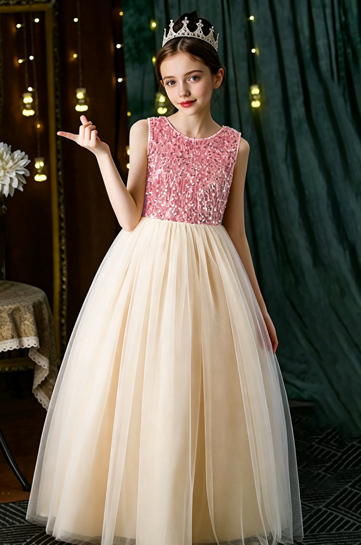 Champagne Sequin Velvet Tulle A-Line Flower Girl Dress