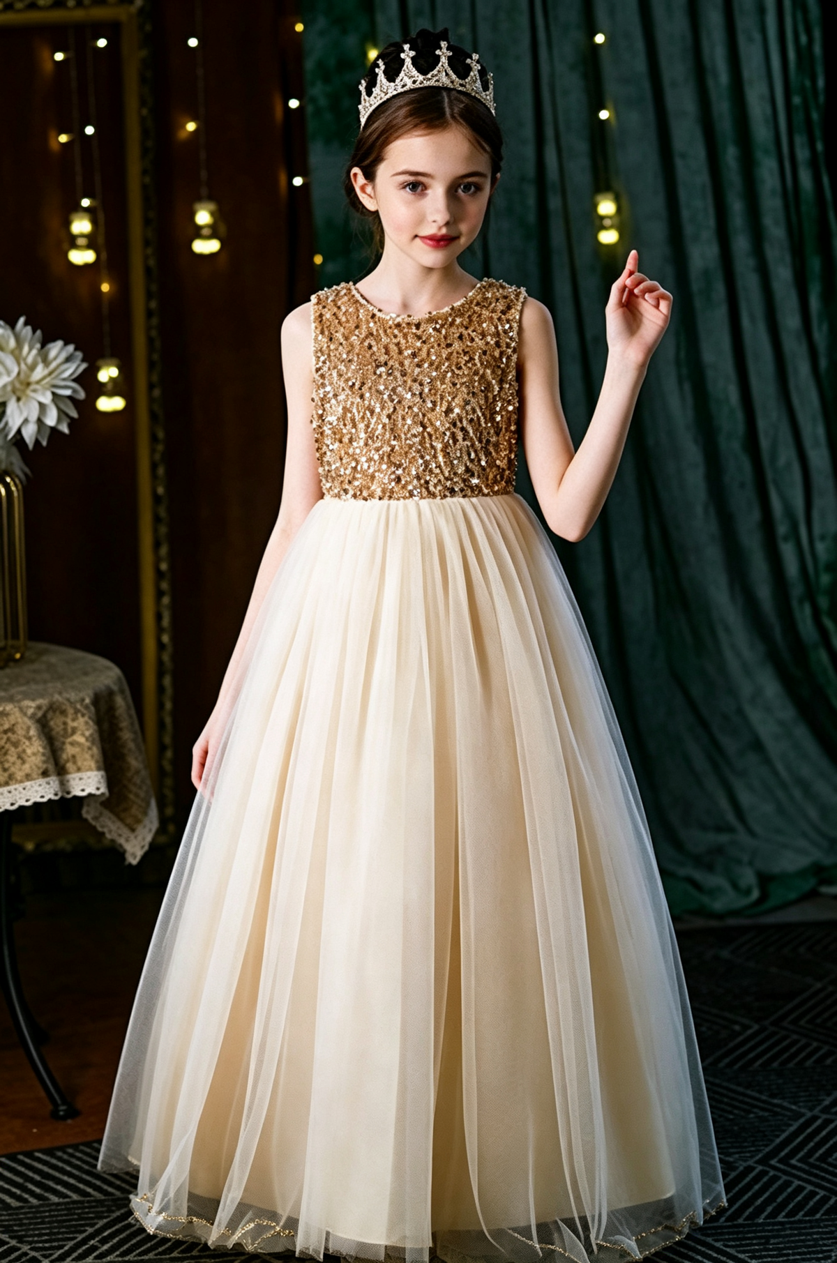 Champagne Sequin Velvet Tulle A-Line Flower Girl Dress