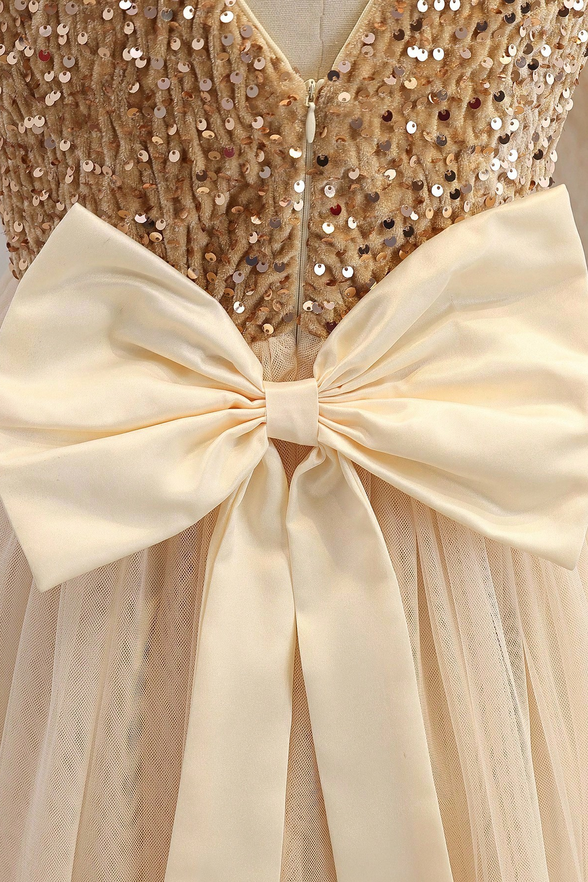Champagne Sequin Velvet Tulle A-Line Flower Girl Dress