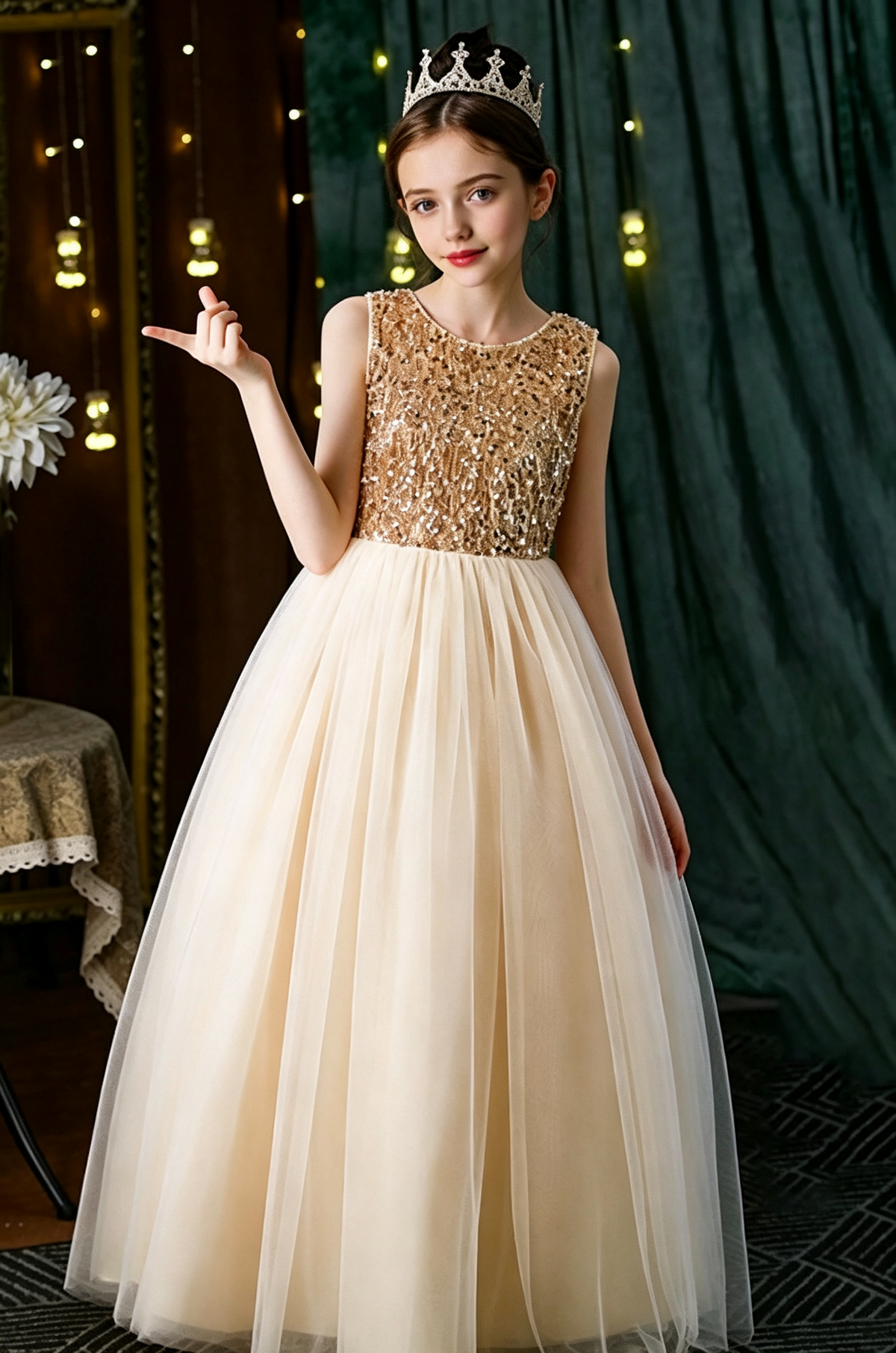 Champagne Sequin Velvet Tulle A-Line Flower Girl Dress