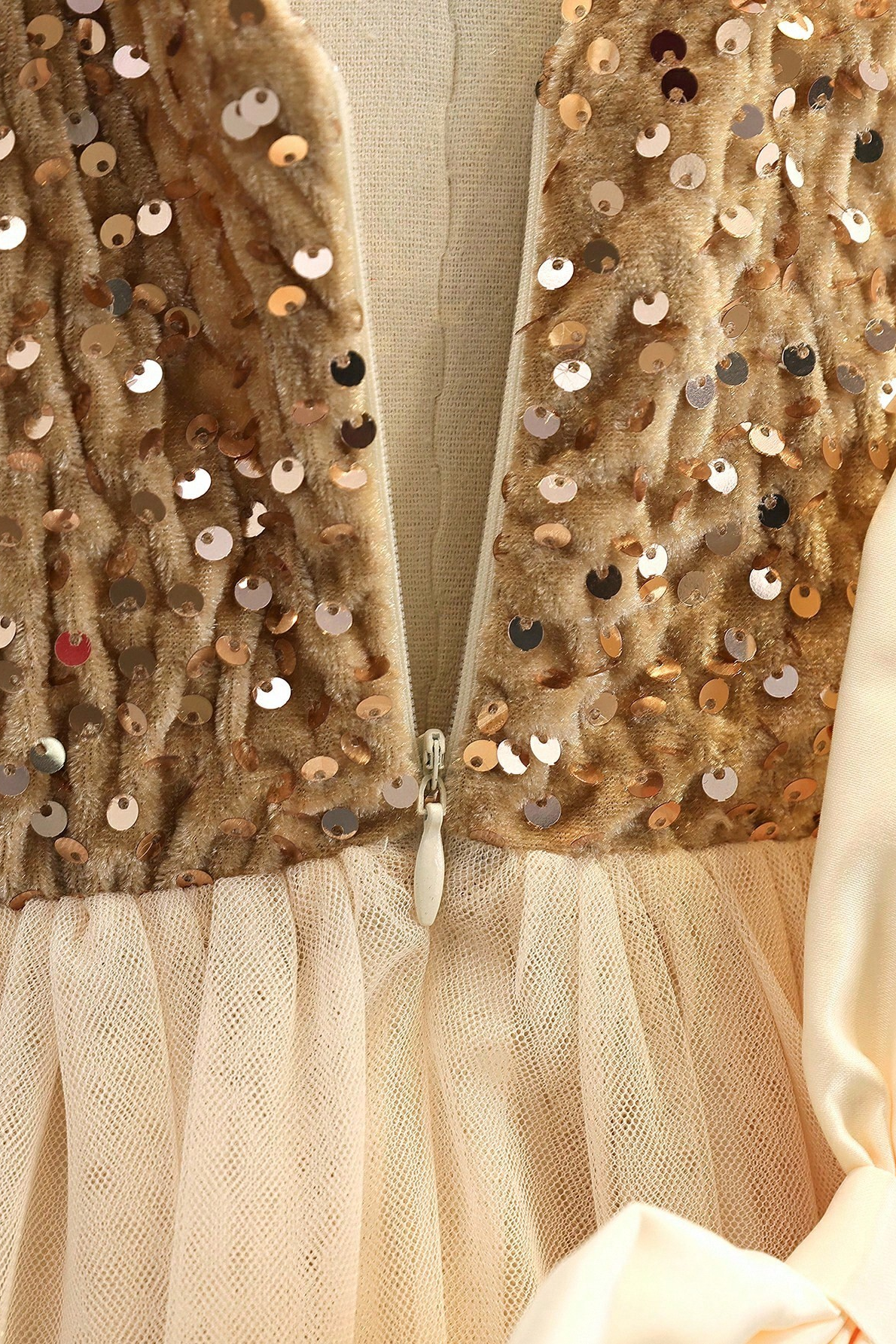 Champagne Sequin Velvet Tulle A-Line Flower Girl Dress