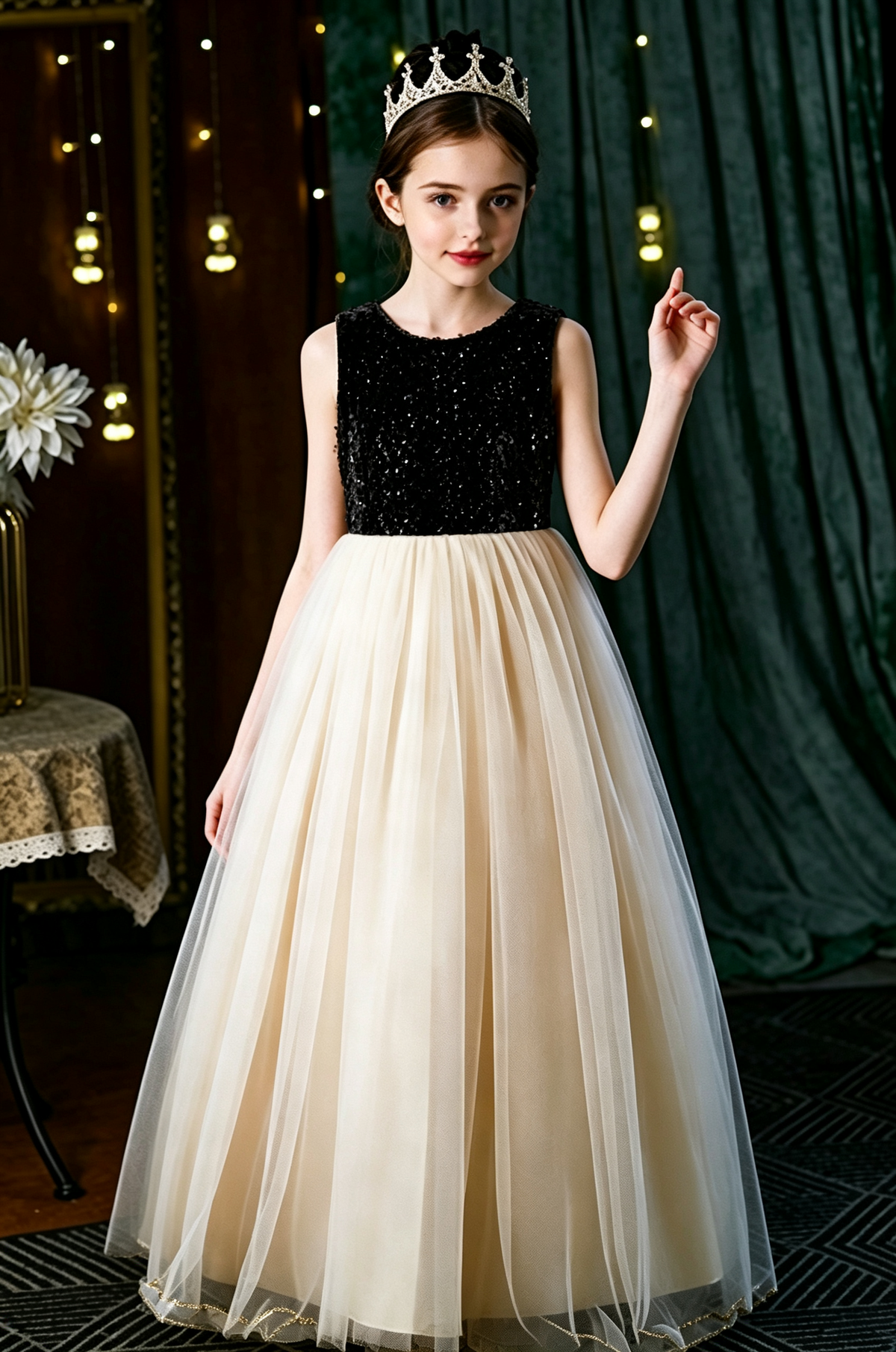 Champagne Sequin Velvet Tulle A-Line Flower Girl Dress