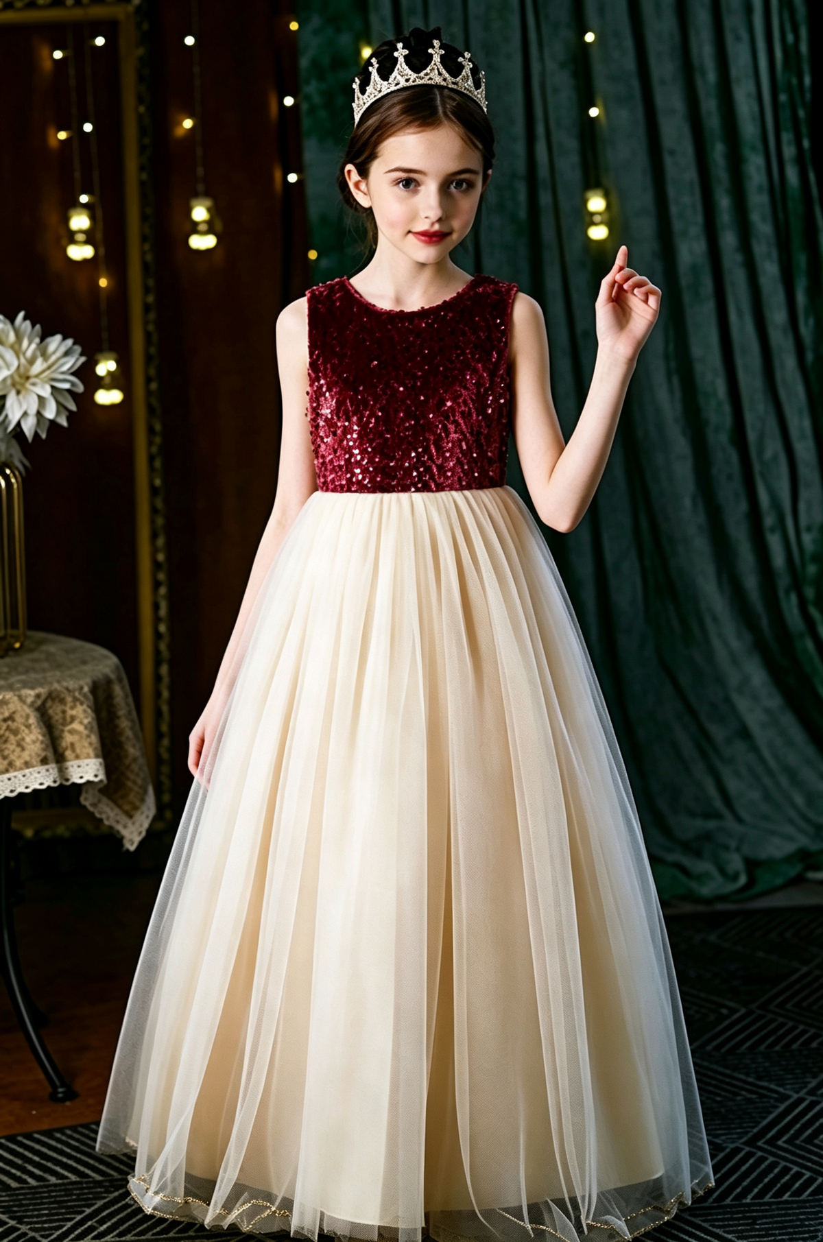 Champagne Sequin Velvet Tulle A-Line Flower Girl Dress