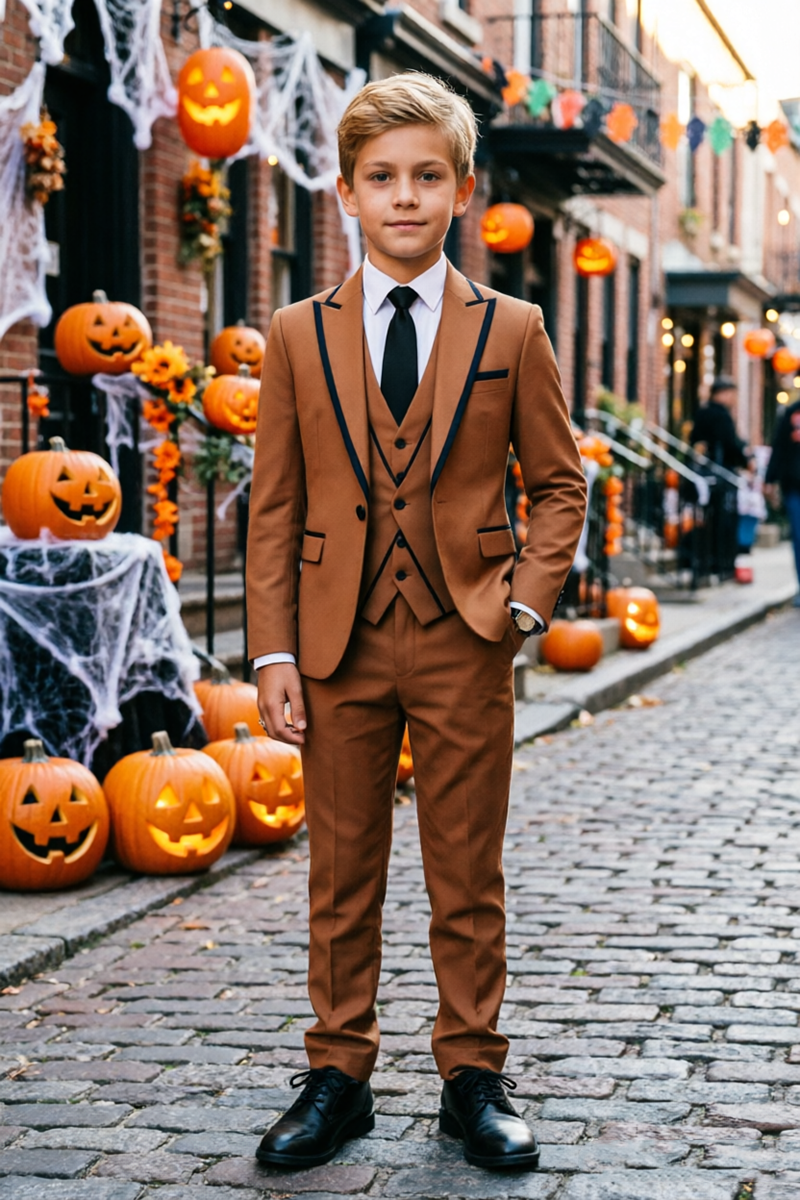 Boys Brown with Contrast Black Piping Trim 3-Piece Suit