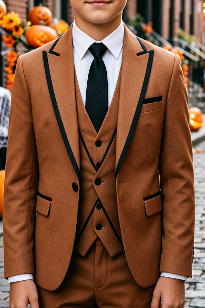 Boys Brown with Contrast Black Piping Trim 3-Piece Suit